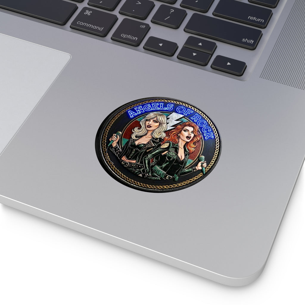 Angels of Rock Round Vinyl Sticker — Retro Female Rock Duo Design