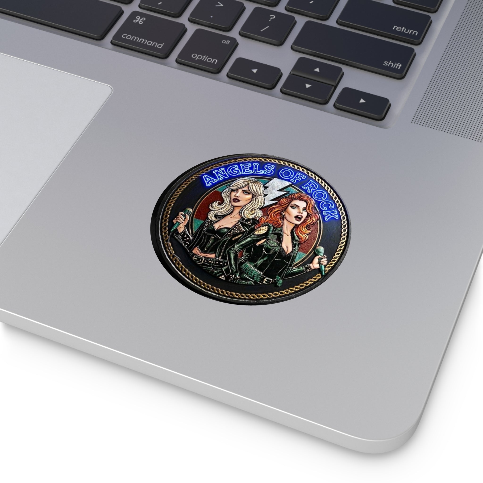 Angels of Rock Round Vinyl Sticker — Retro Female Rock Duo Design
