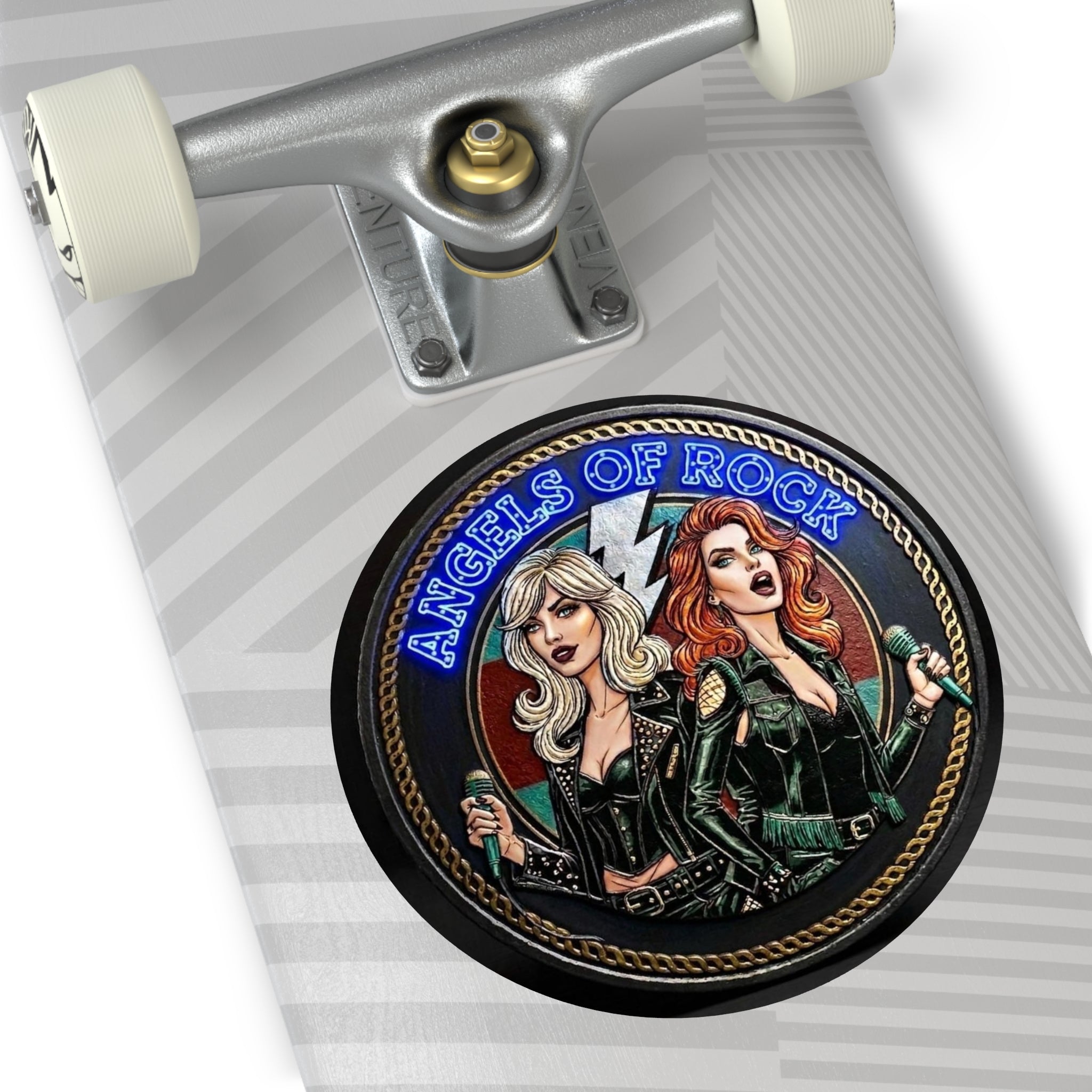 Angels of Rock Round Vinyl Sticker — Retro Female Rock Duo Design