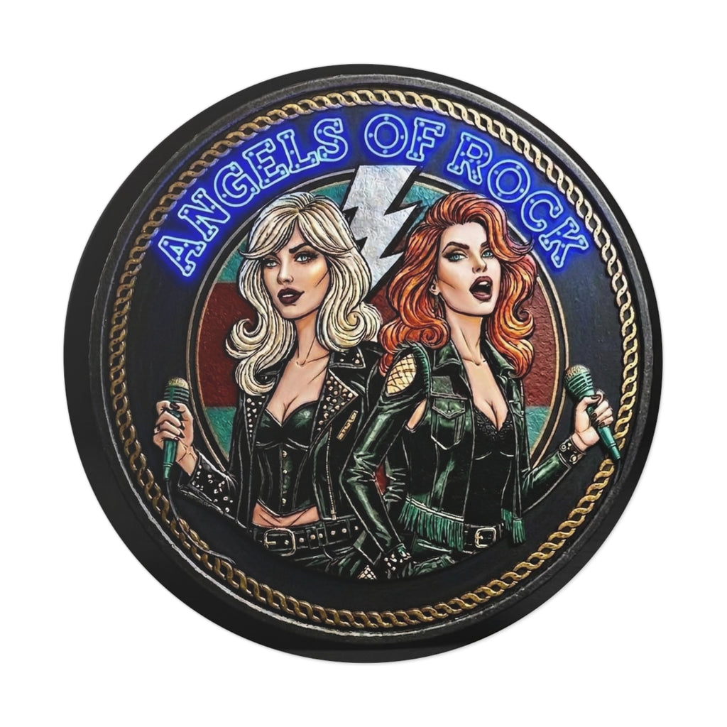 Angels of Rock Round Vinyl Sticker — Retro Female Rock Duo Design