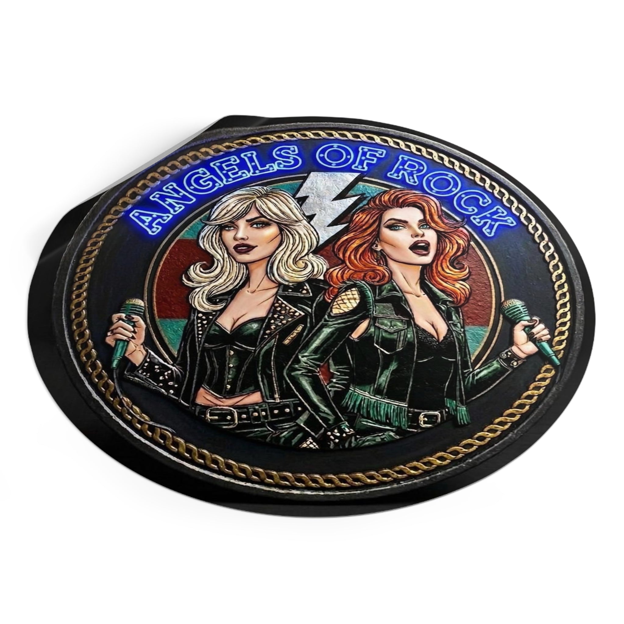 Angels of Rock Round Vinyl Sticker — Retro Female Rock Duo Design