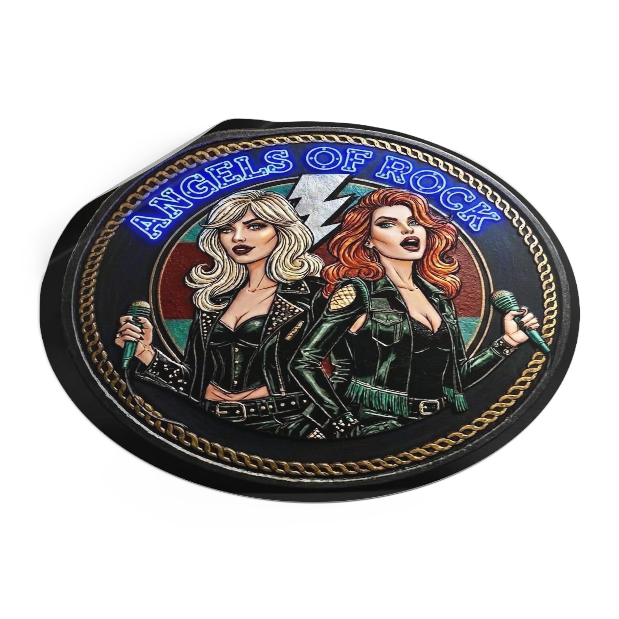 Angels of Rock Round Vinyl Sticker — Retro Female Rock Duo Design