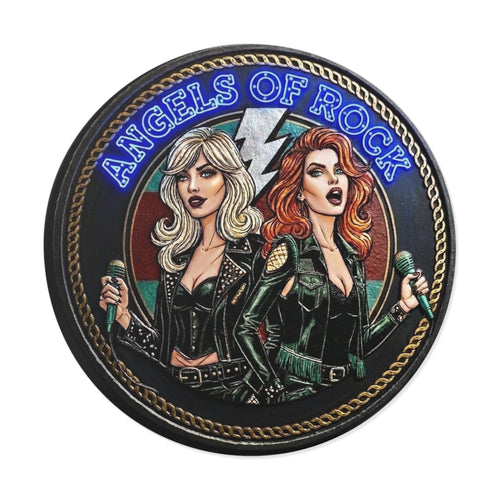 Angels of Rock Round Vinyl Sticker — Retro Female Rock Duo Design