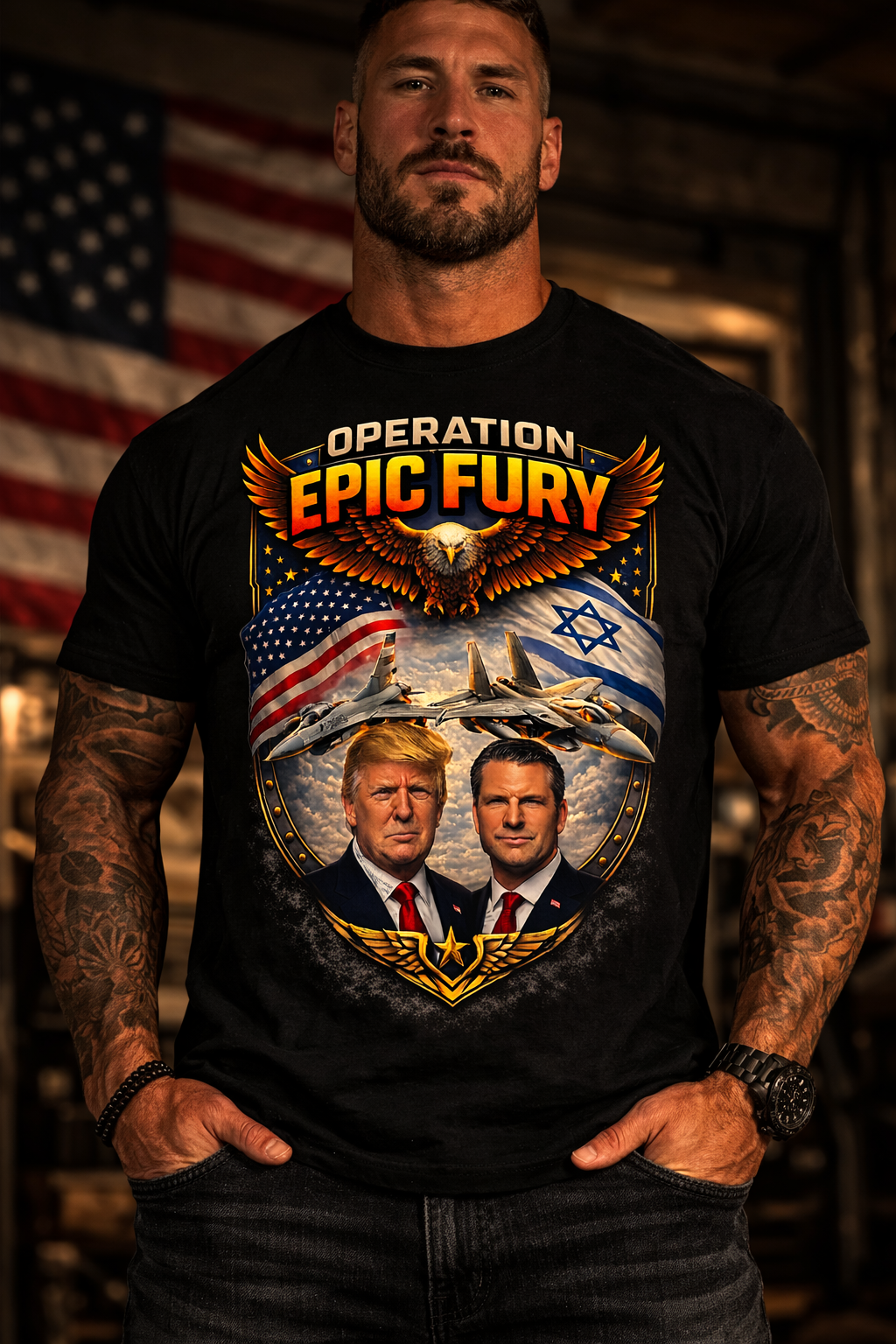 Operation Epic Fury Patriotic Eagle Fighter Jet T-Shirt, USA Israel Flag Graphic Tee, Military Airstrike Style Shirt for Men, Bold Aviation Gift, Trump, Pete Hegseth