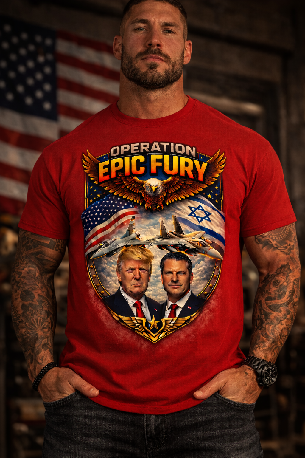 Operation Epic Fury Patriotic Eagle Fighter Jet T-Shirt, USA Israel Flag Graphic Tee, Military Airstrike Style Shirt for Men, Bold Aviation Gift, Trump, Pete Hegseth