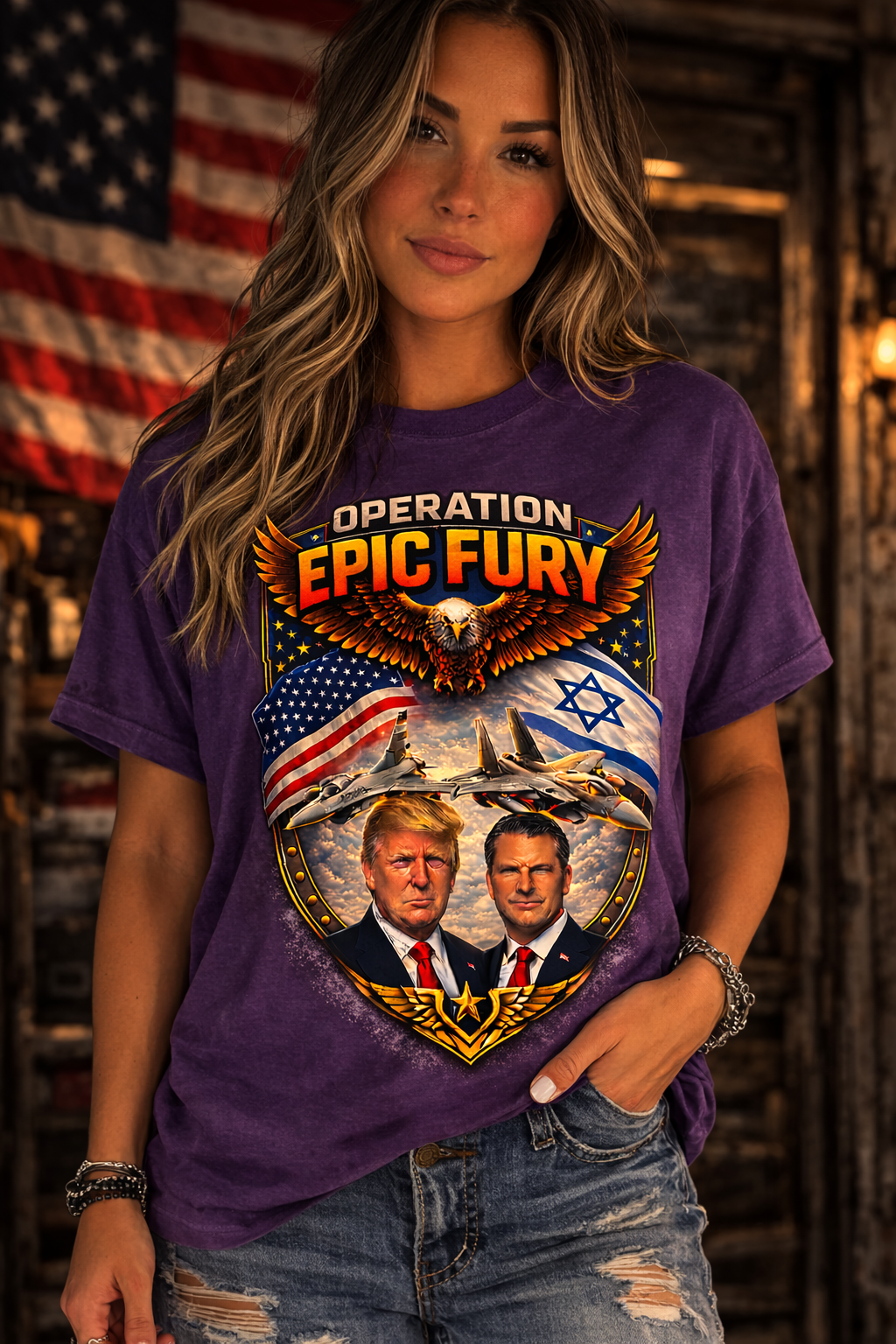 Operation Epic Fury Patriotic Eagle Fighter Jet T-Shirt, USA Israel Flag Graphic Tee, Military Airstrike Style Shirt for Men, Bold Aviation Gift, Trump, Pete Hegseth