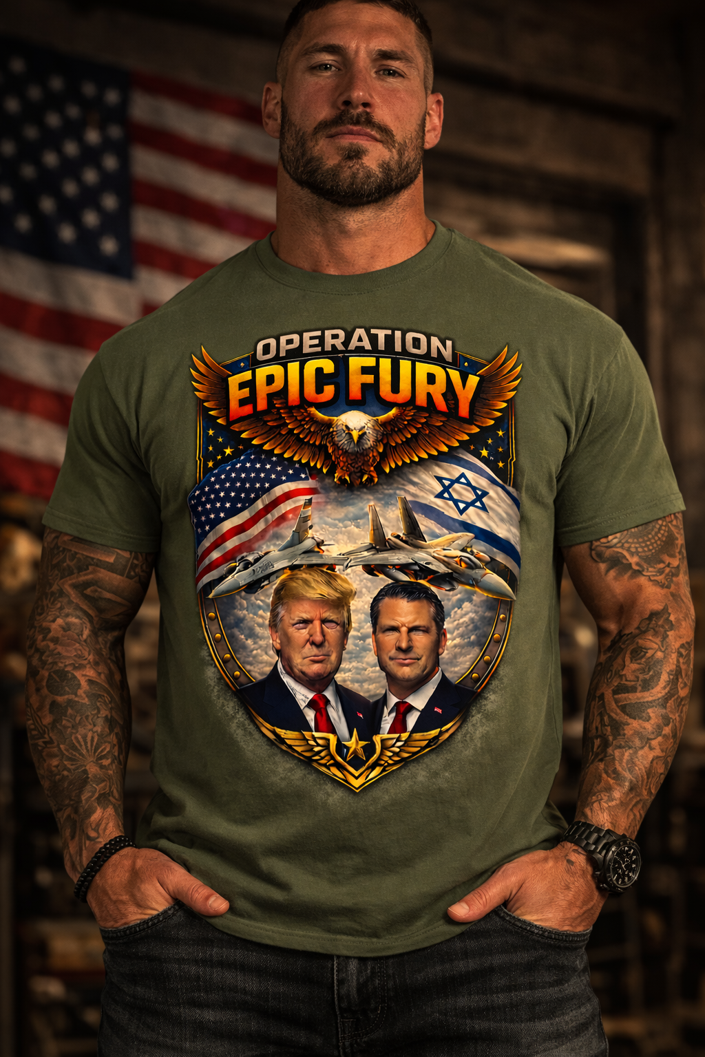 Operation Epic Fury Patriotic Eagle Fighter Jet T-Shirt, USA Israel Flag Graphic Tee, Military Airstrike Style Shirt for Men, Bold Aviation Gift, Trump, Pete Hegseth