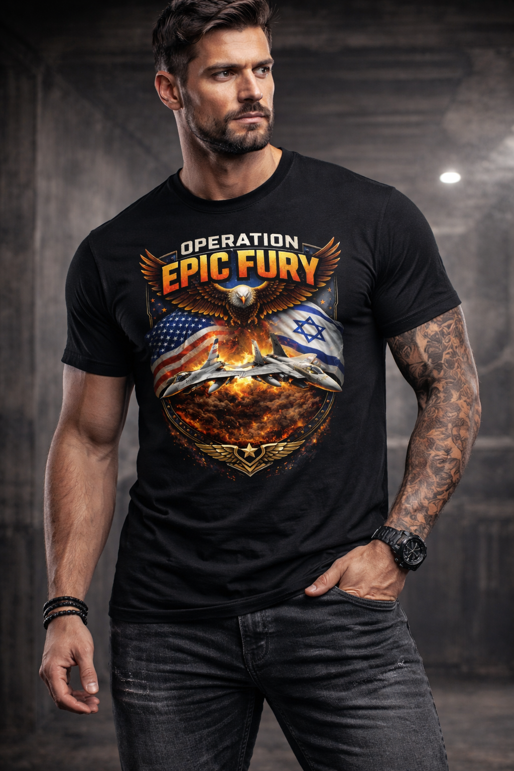 Operation Epic Fury Patriotic Eagle Fighter Jet T-Shirt, USA Israel Flag Graphic Tee, Military Airstrike Style Shirt for Men, Bold Aviation Gift, Trump, Hegseth