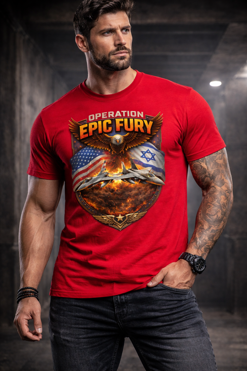 Operation Epic Fury Patriotic Eagle Fighter Jet T-Shirt, USA Israel Flag Graphic Tee, Military Airstrike Style Shirt for Men, Bold Aviation Gift, Trump, Hegseth