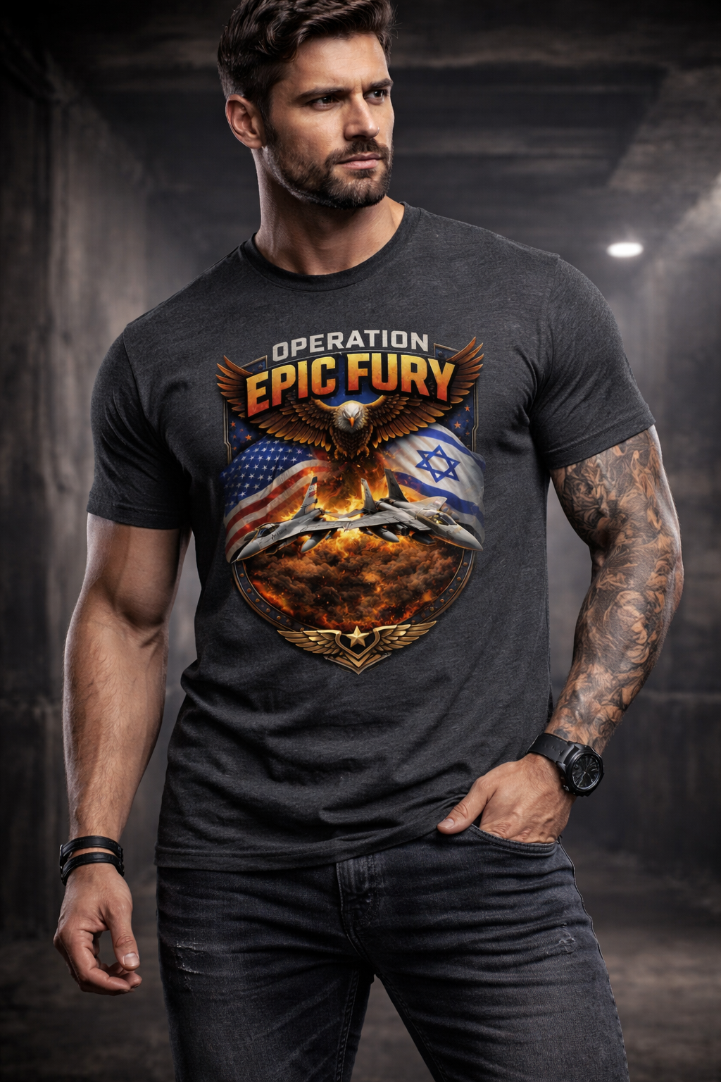 Operation Epic Fury Patriotic Eagle Fighter Jet T-Shirt, USA Israel Flag Graphic Tee, Military Airstrike Style Shirt for Men, Bold Aviation Gift, Trump, Hegseth
