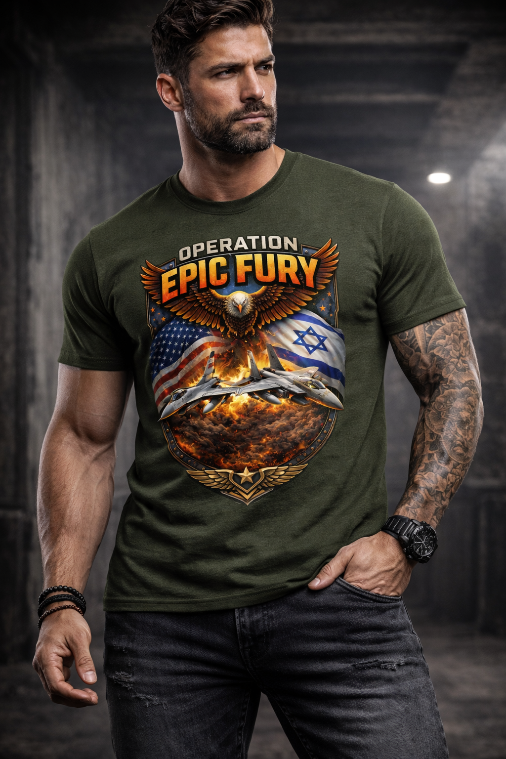 Operation Epic Fury Patriotic Eagle Fighter Jet T-Shirt, USA Israel Flag Graphic Tee, Military Airstrike Style Shirt for Men, Bold Aviation Gift, Trump, Hegseth