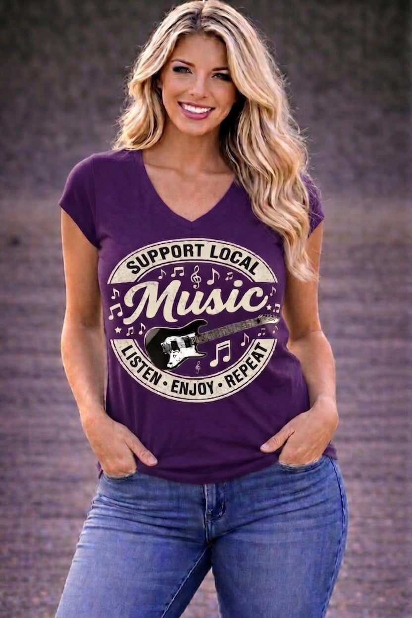 Support Local Music Ladies' V-Neck T-Shirt Listen Enjoy Repeat