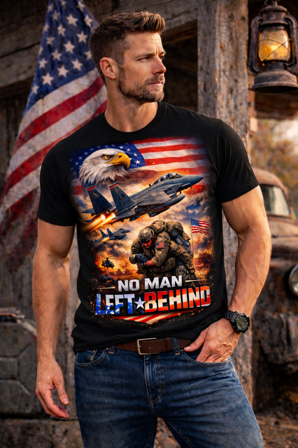No Man Left Behind Patriotic Military Eagle F-15 Veteran Support T-Shirt Patriotic Tee