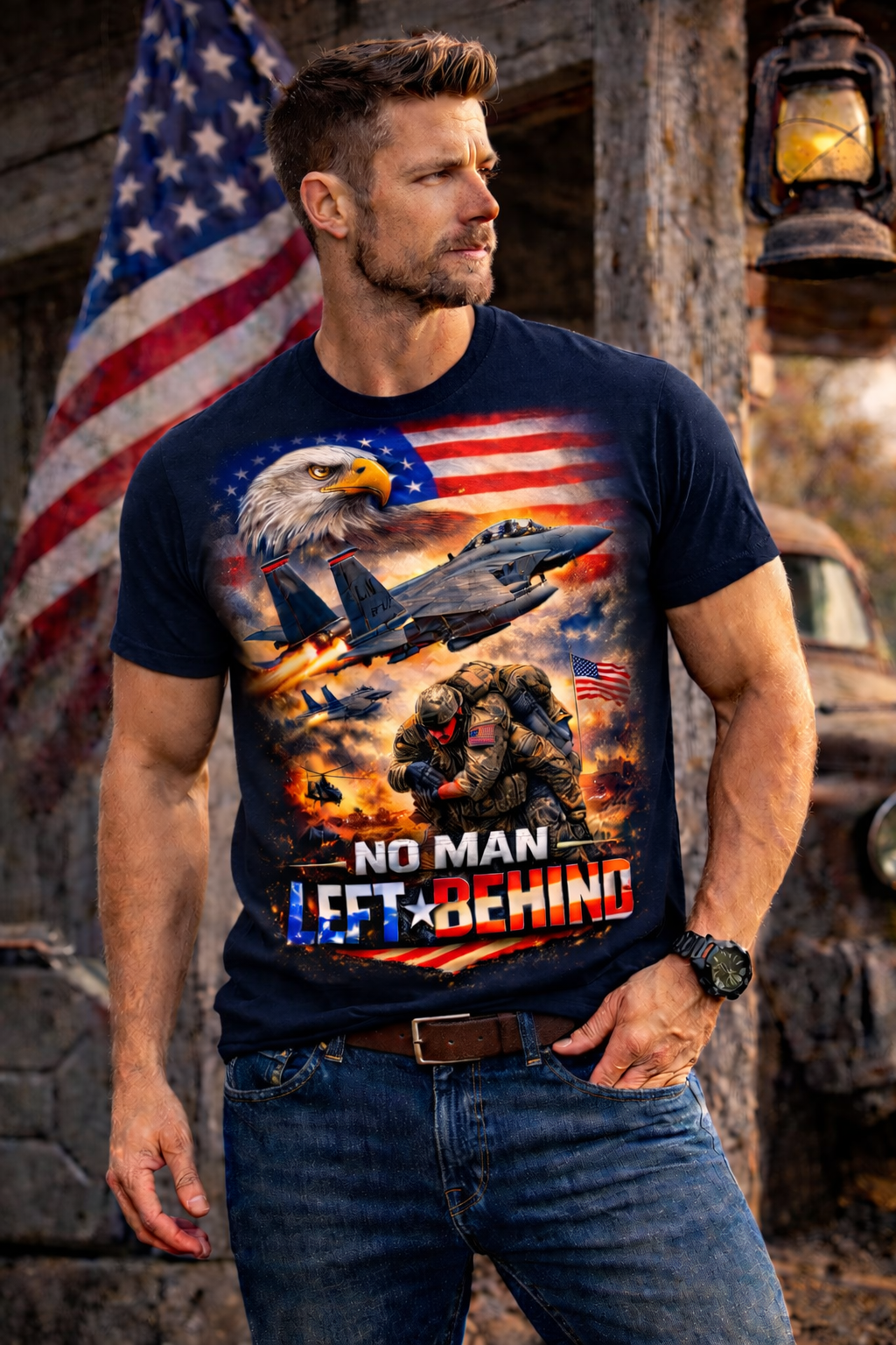 No Man Left Behind Patriotic Military Eagle F-15 Veteran Support T-Shirt Patriotic Tee