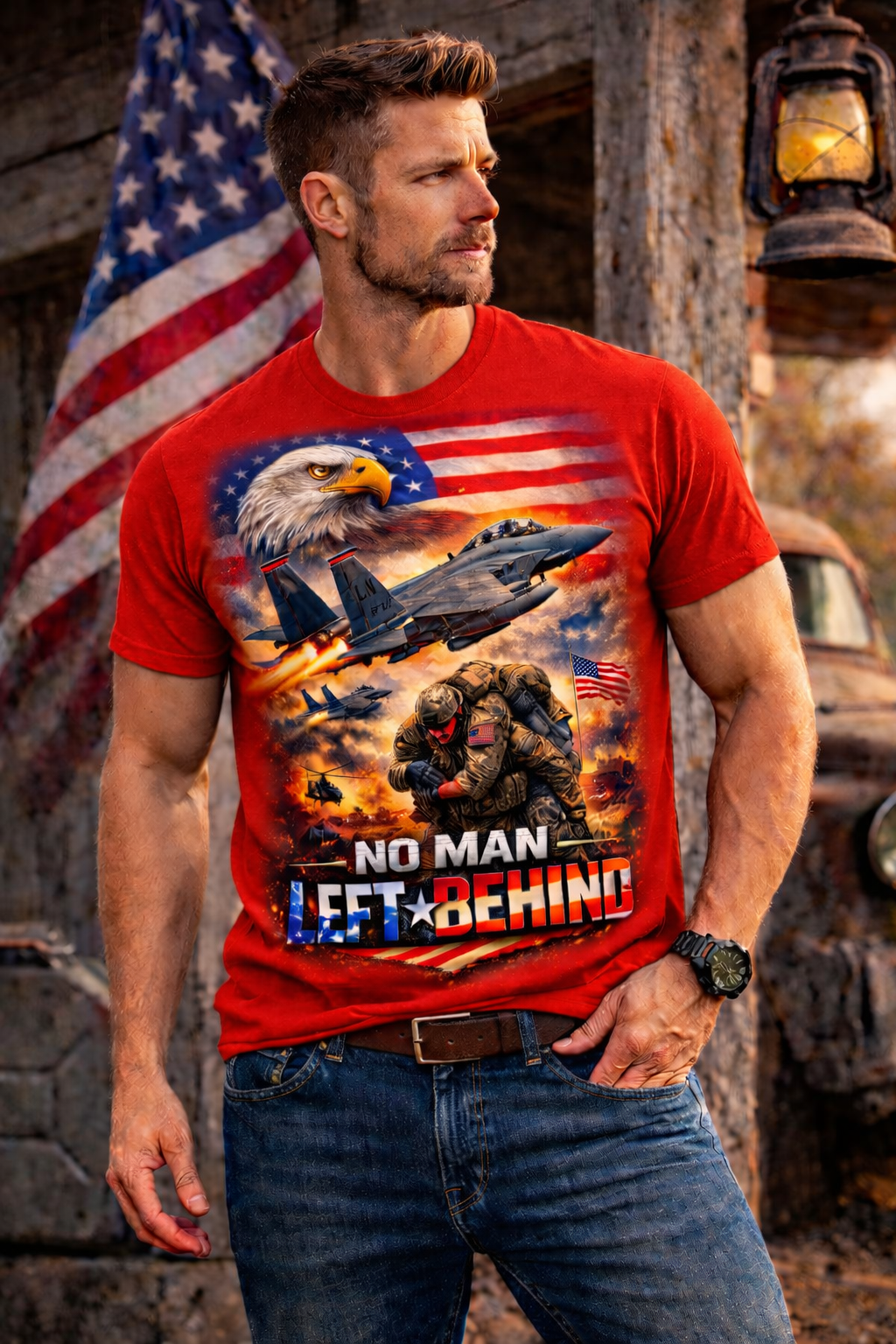 No Man Left Behind Patriotic Military Eagle F-15 Veteran Support T-Shirt Patriotic Tee