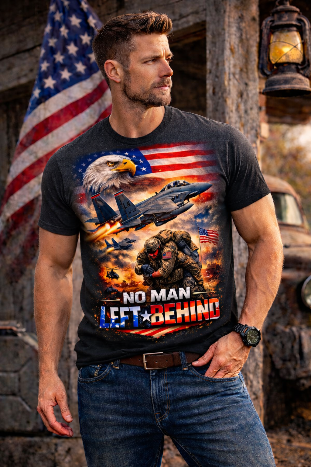 No Man Left Behind Patriotic Military Eagle F-15 Veteran Support T-Shirt Patriotic Tee