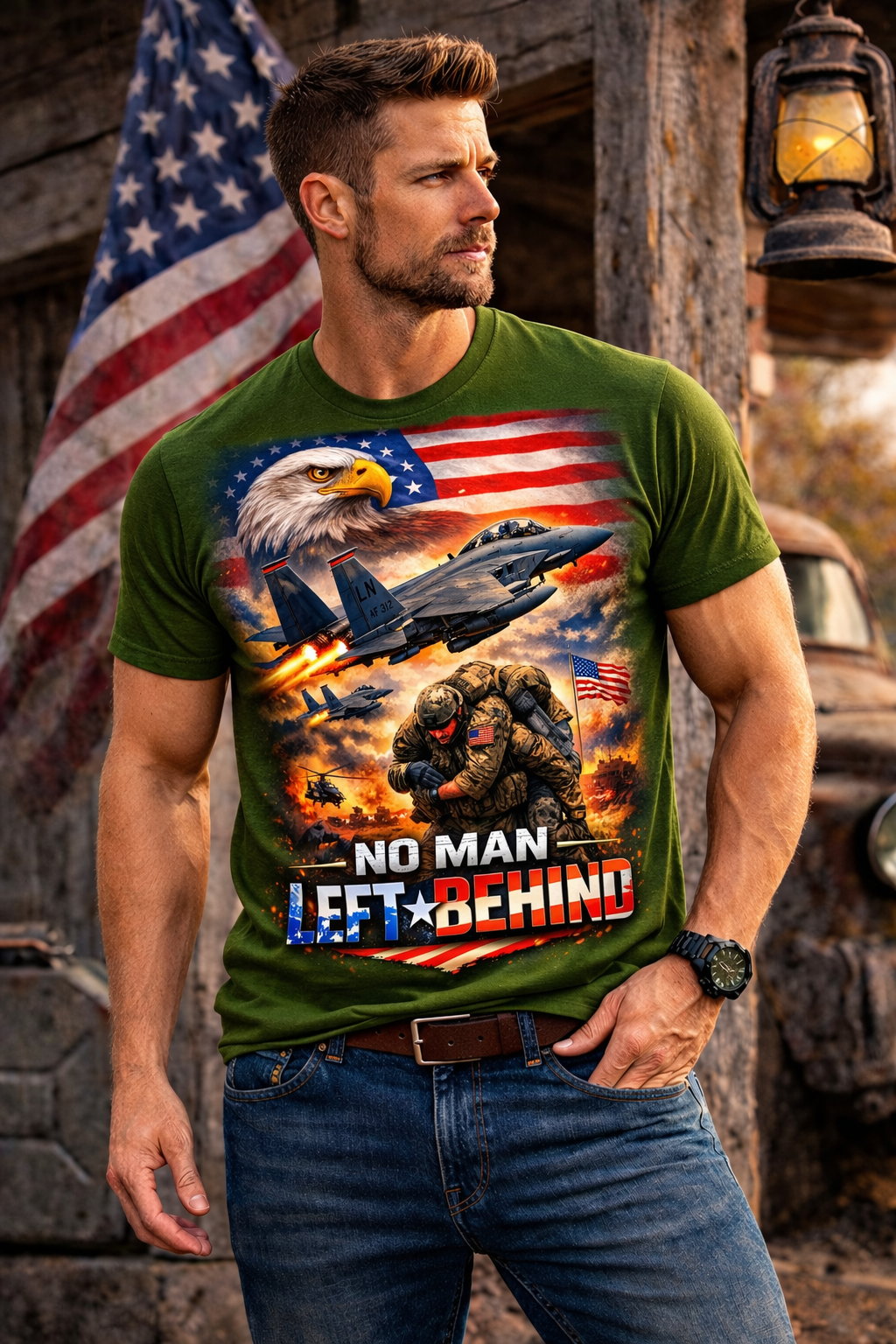 No Man Left Behind Patriotic Military Eagle F-15 Veteran Support T-Shirt Patriotic Tee