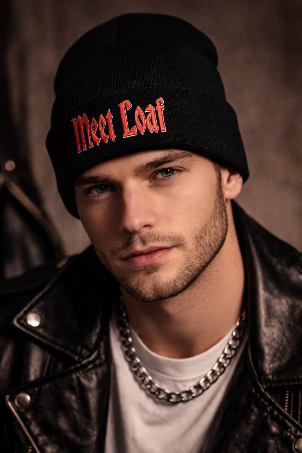 Embroidered 'Meet Loaf' Cuffed Beanie — Gothic Script Knit Hat