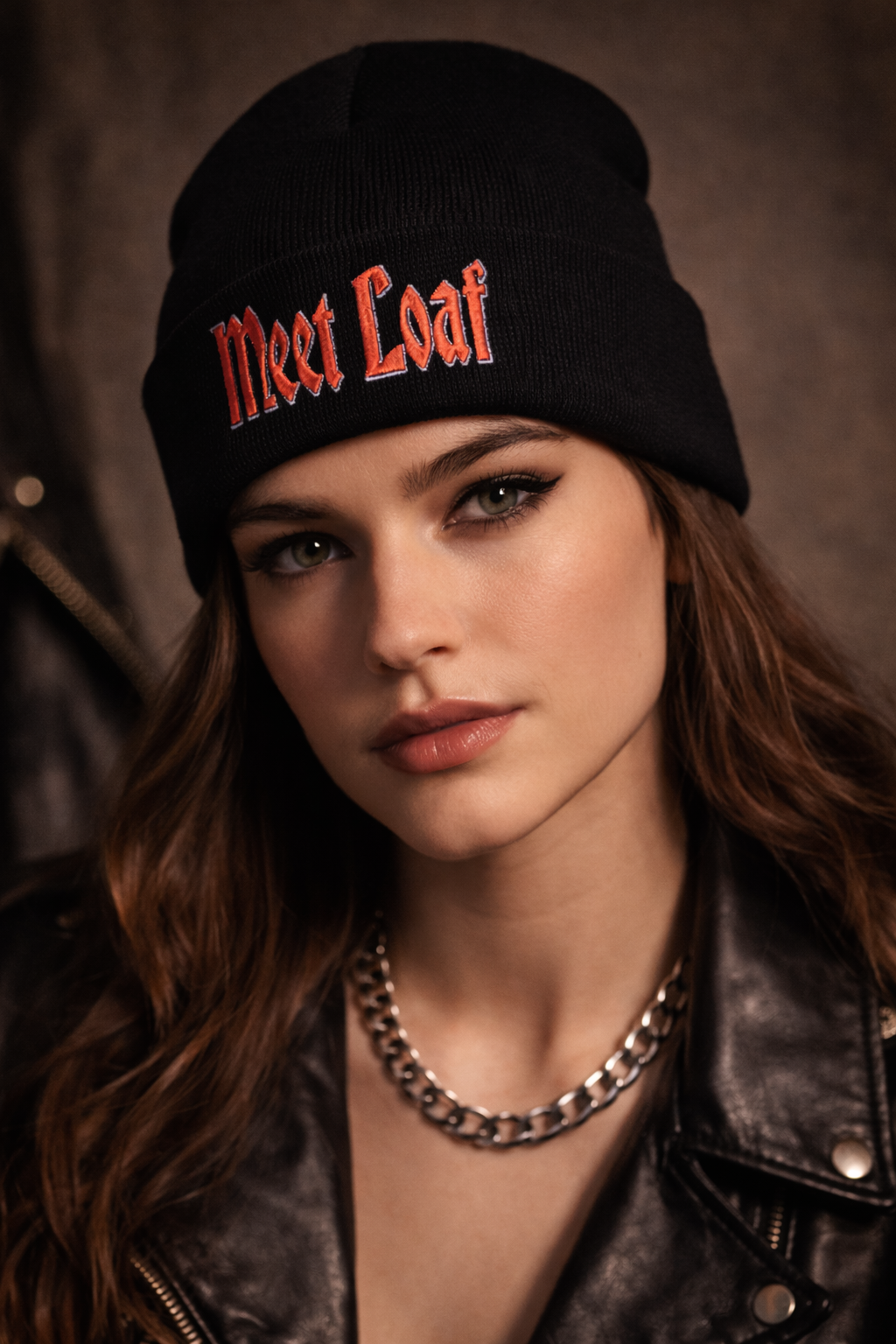 Embroidered 'Meet Loaf' Cuffed Beanie — Gothic Script Knit Hat