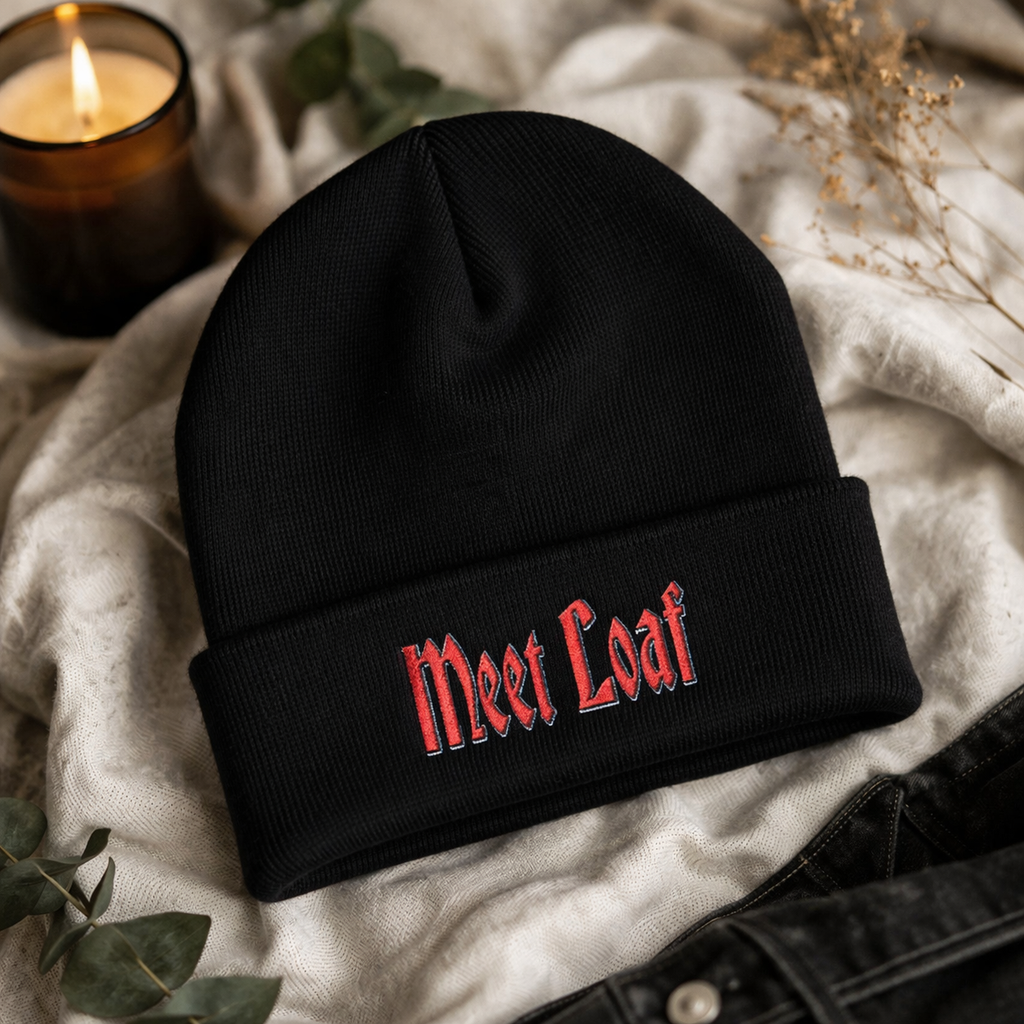 Embroidered 'Meet Loaf' Cuffed Beanie — Gothic Script Knit Hat