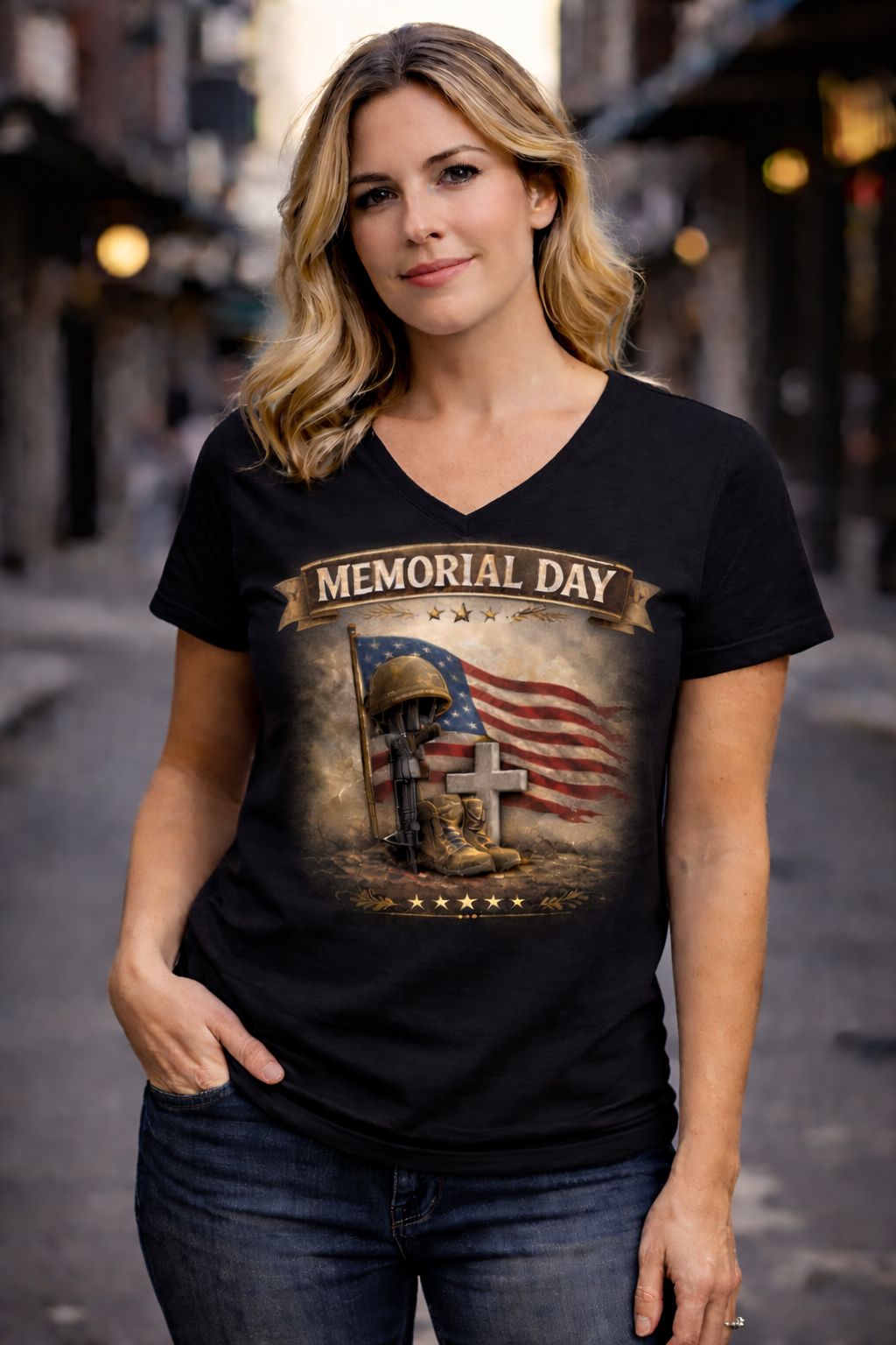 Memorial Day V-Neck Shirt for Women | Patriotic Tribute Tee | Military Remembrance Graphic Shirt