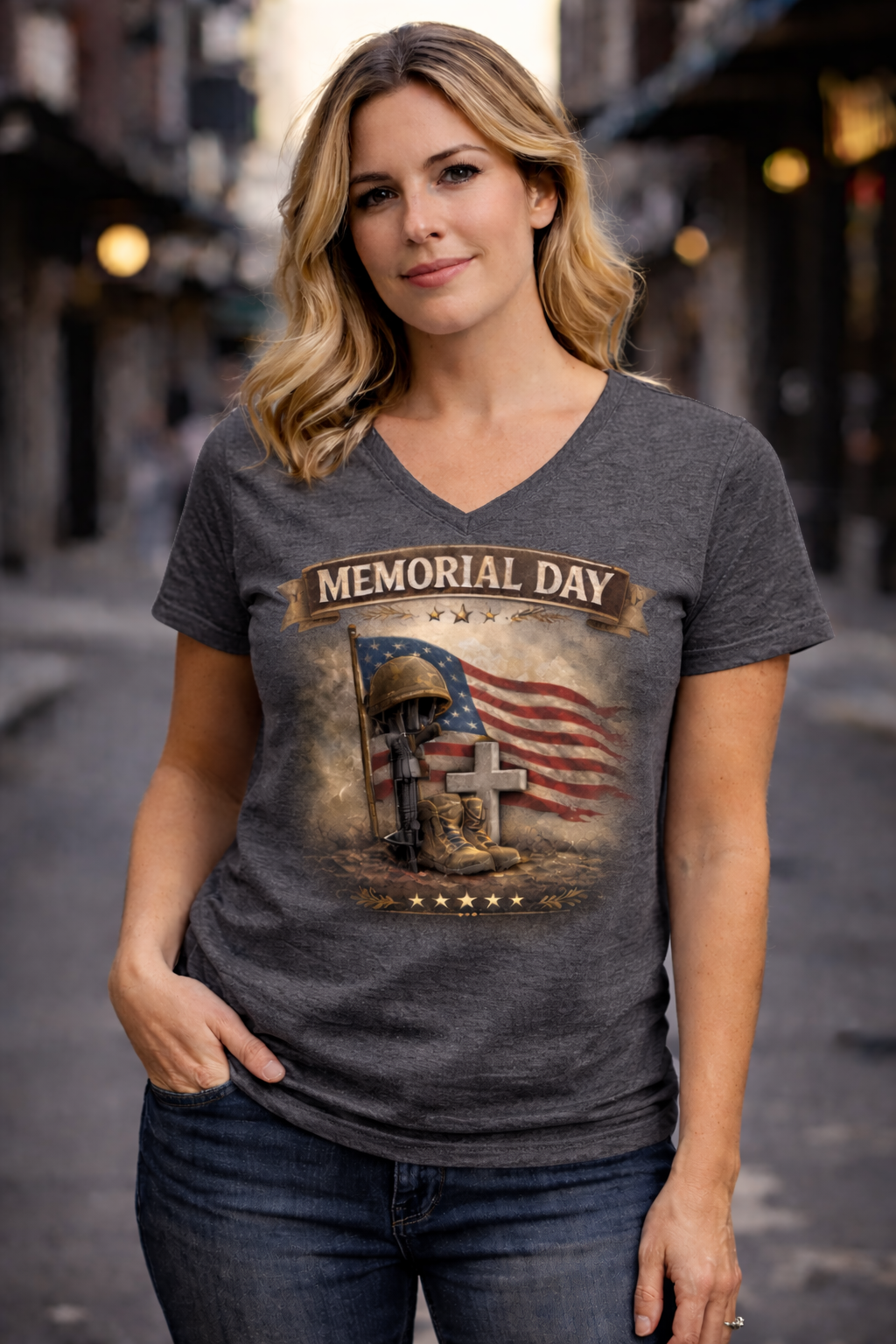 Memorial Day V-Neck Shirt for Women | Patriotic Tribute Tee | Military Remembrance Graphic Shirt