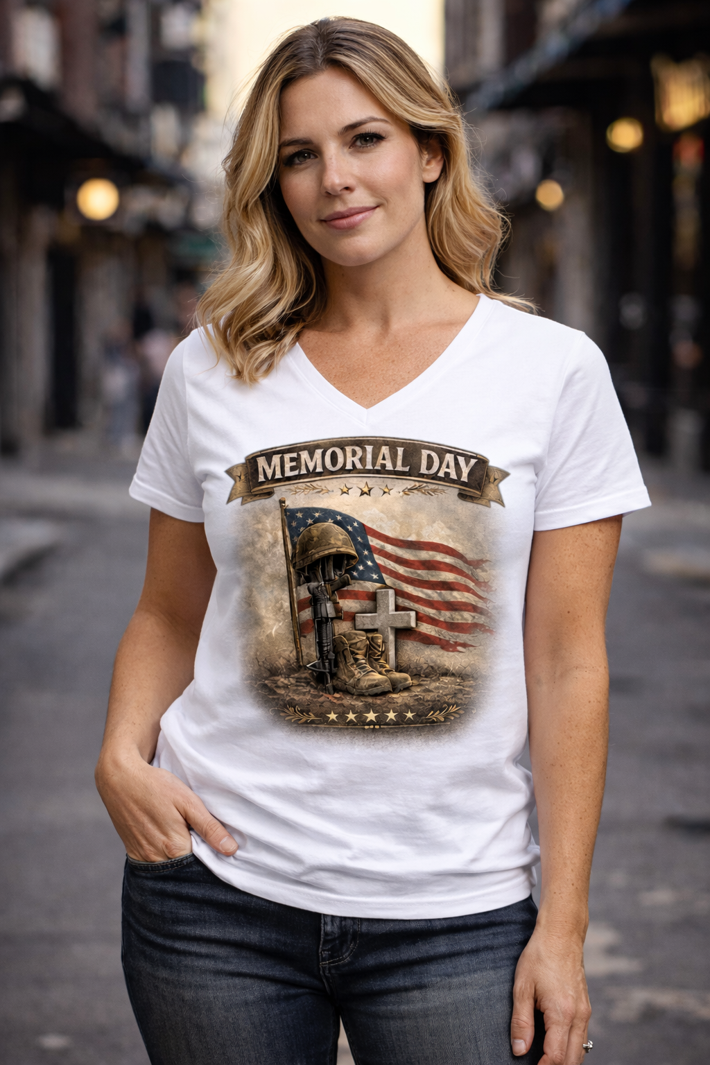 Memorial Day V-Neck Shirt for Women | Patriotic Tribute Tee | Military Remembrance Graphic Shirt
