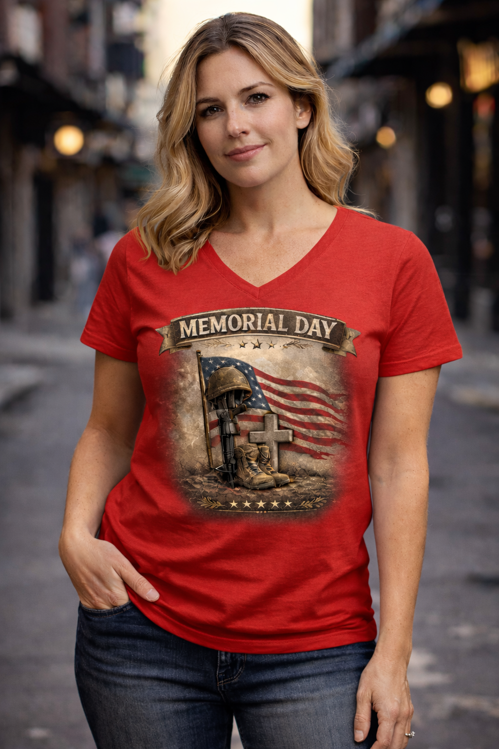 Memorial Day V-Neck Shirt for Women | Patriotic Tribute Tee | Military Remembrance Graphic Shirt