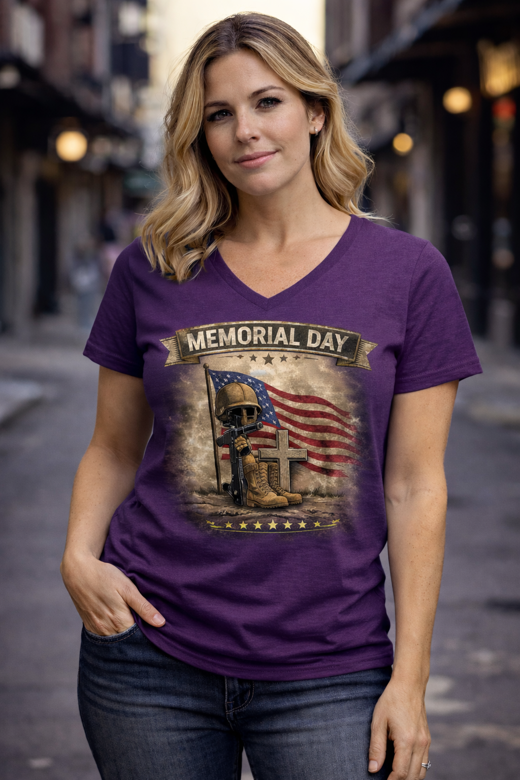 Memorial Day V-Neck Shirt for Women | Patriotic Tribute Tee | Military Remembrance Graphic Shirt