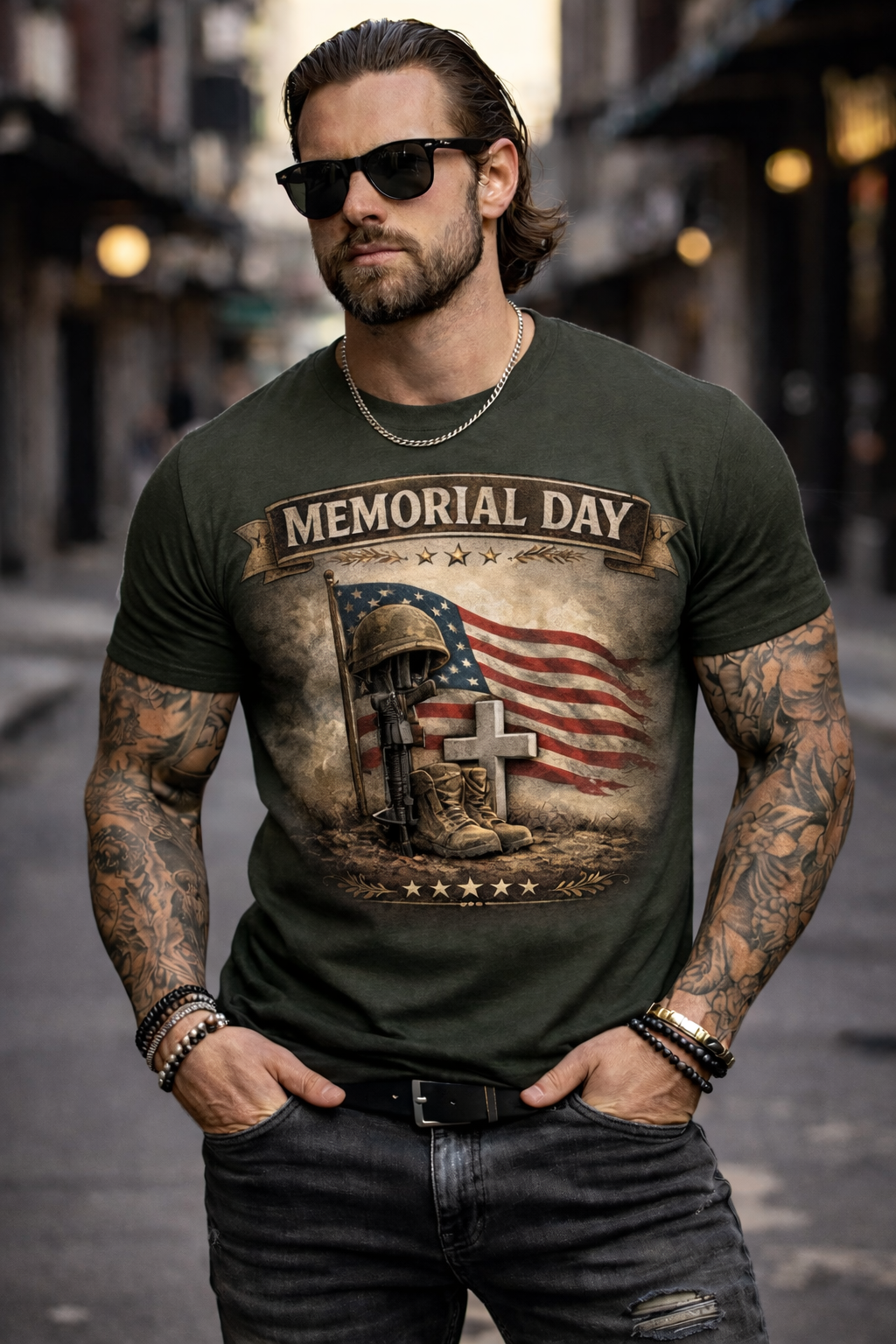 Memorial Day Flag & Cross T-Shirt — Patriotic Veterans Remembrance Tee