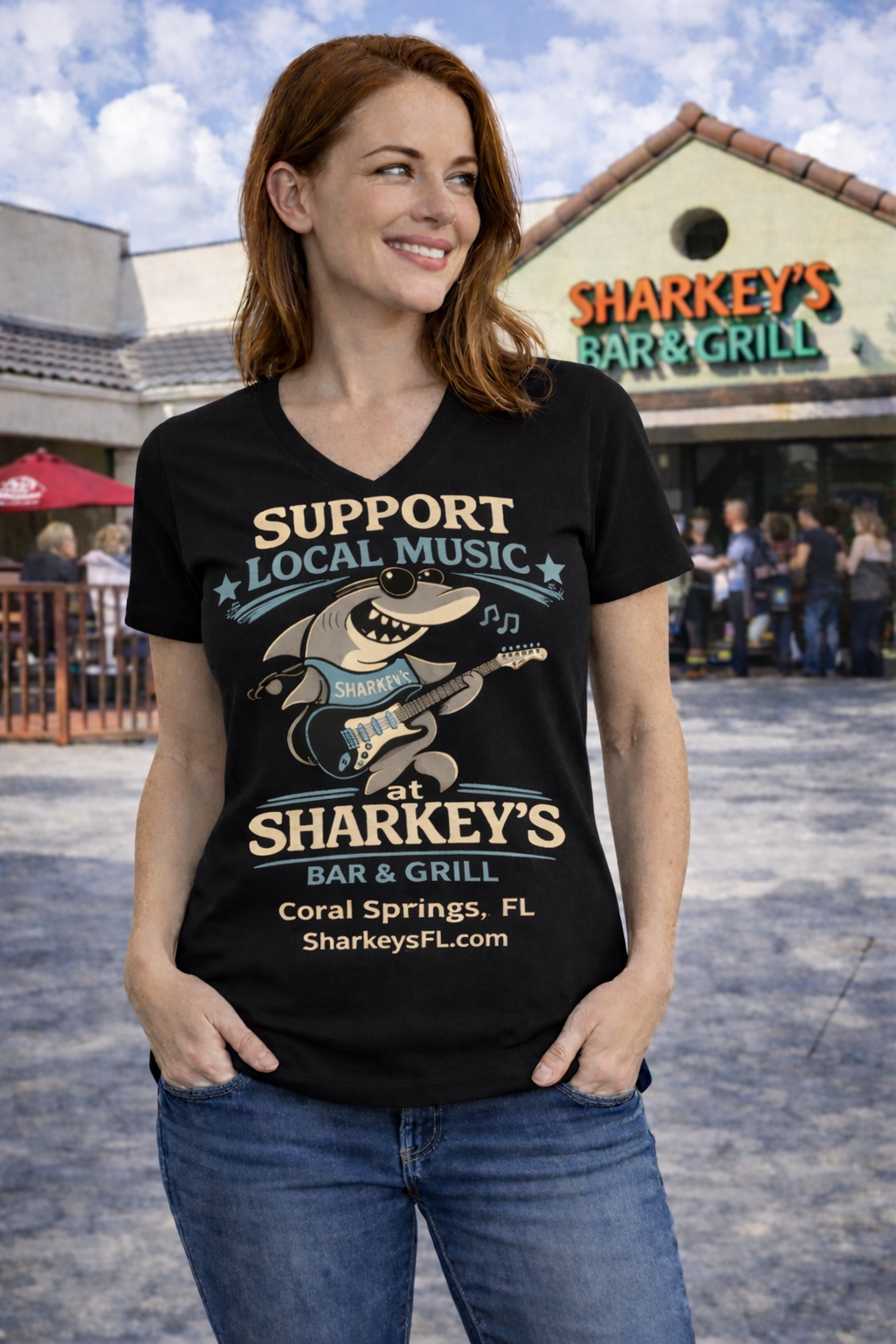 Sharkey’s Support Local Music Women’s V-Neck T-Shirt