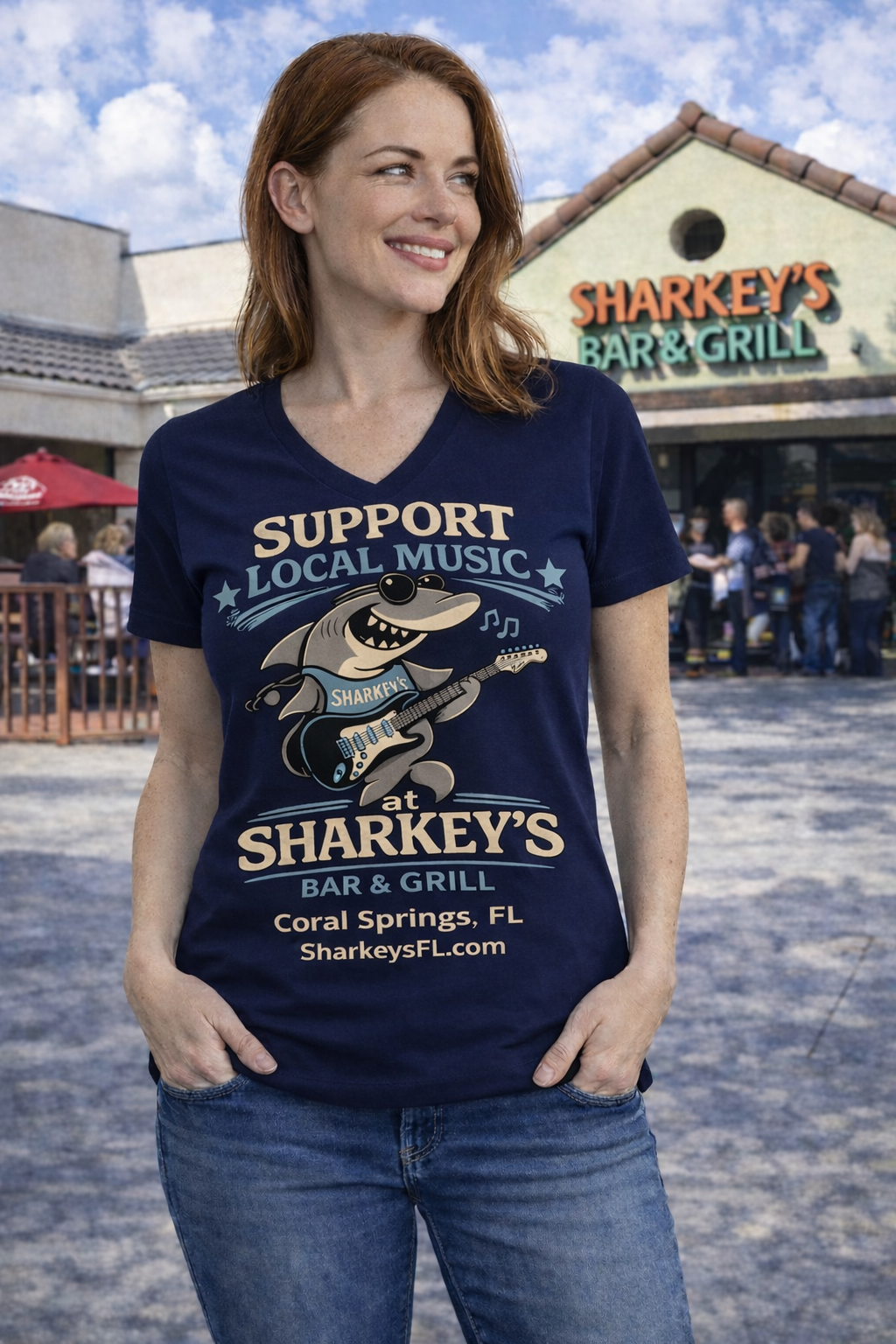 Sharkey’s Support Local Music Women’s V-Neck T-Shirt