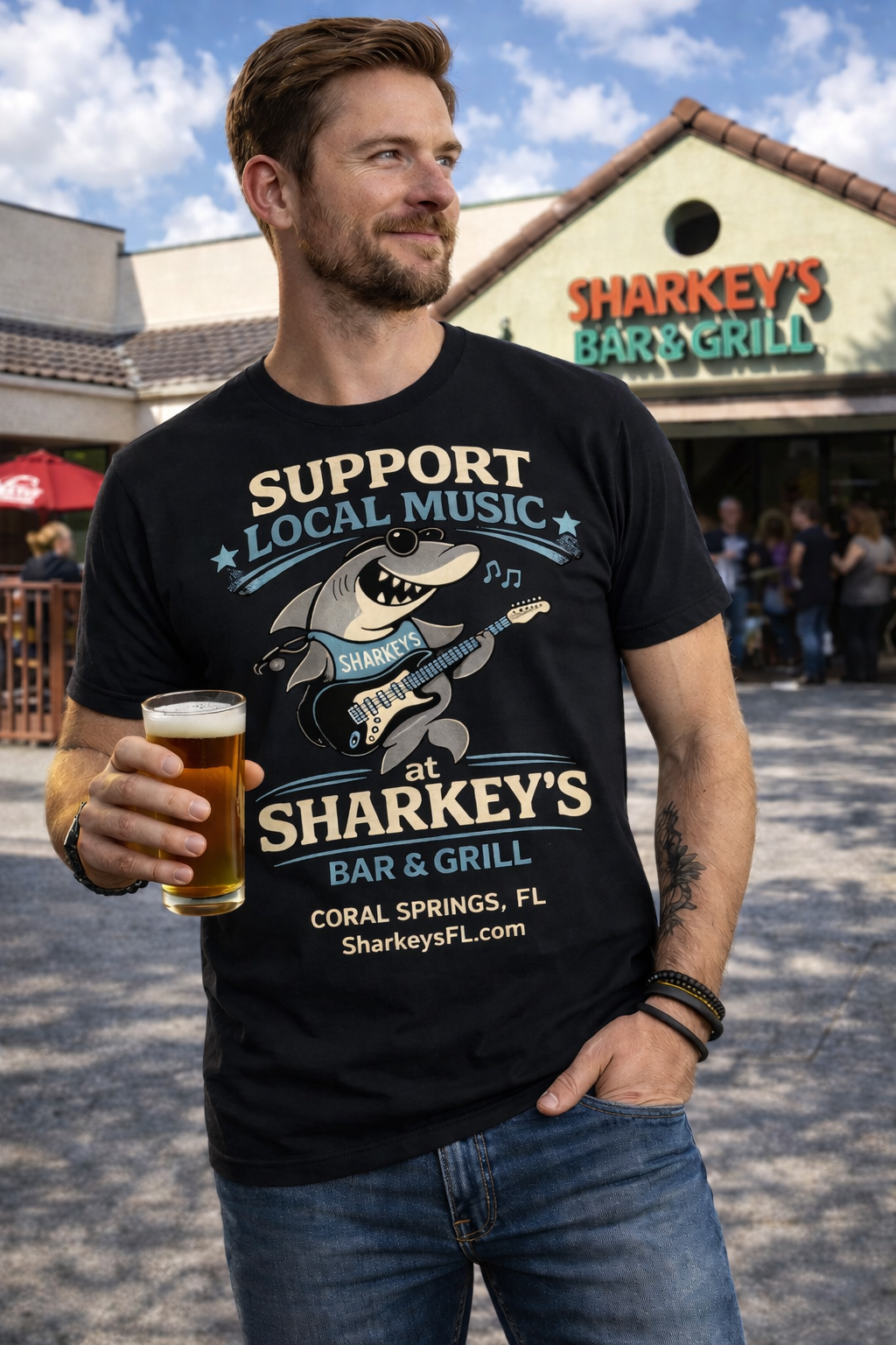 Sharkey's Support Local Music T-Shirt - Bar & Grill Promotional Tee