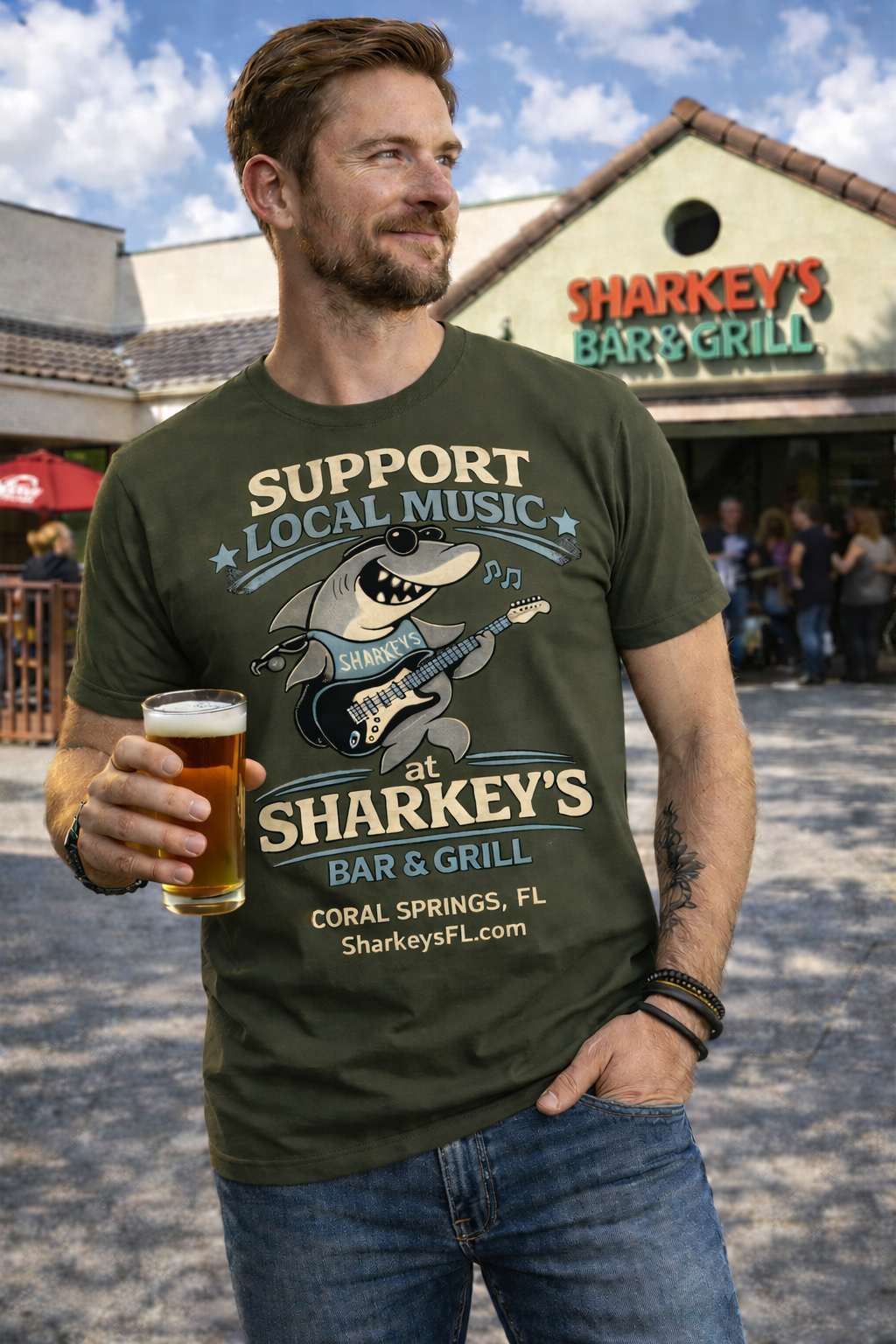 Sharkey's Support Local Music T-Shirt - Bar & Grill Promotional Tee