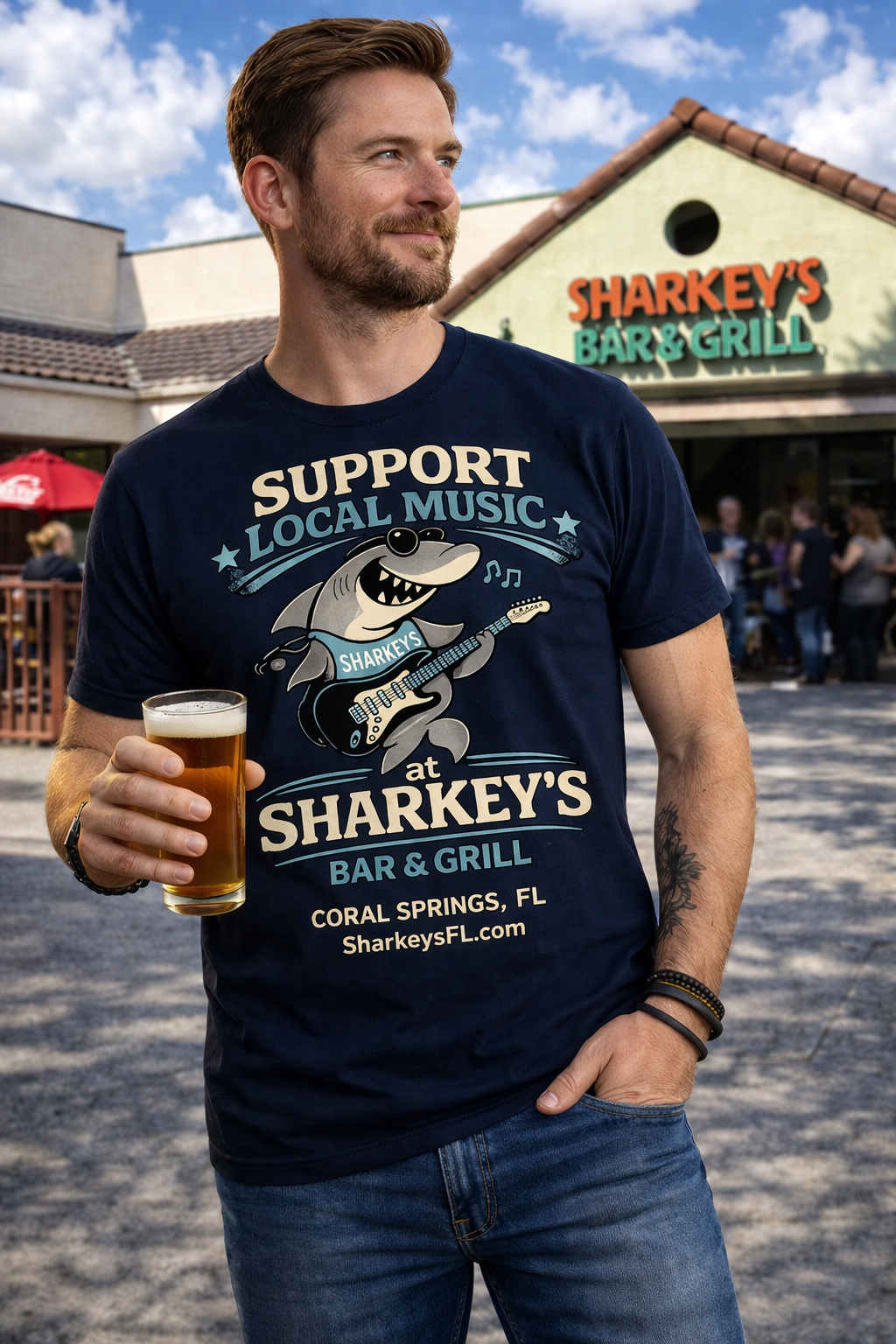 Sharkey's Support Local Music T-Shirt - Bar & Grill Promotional Tee