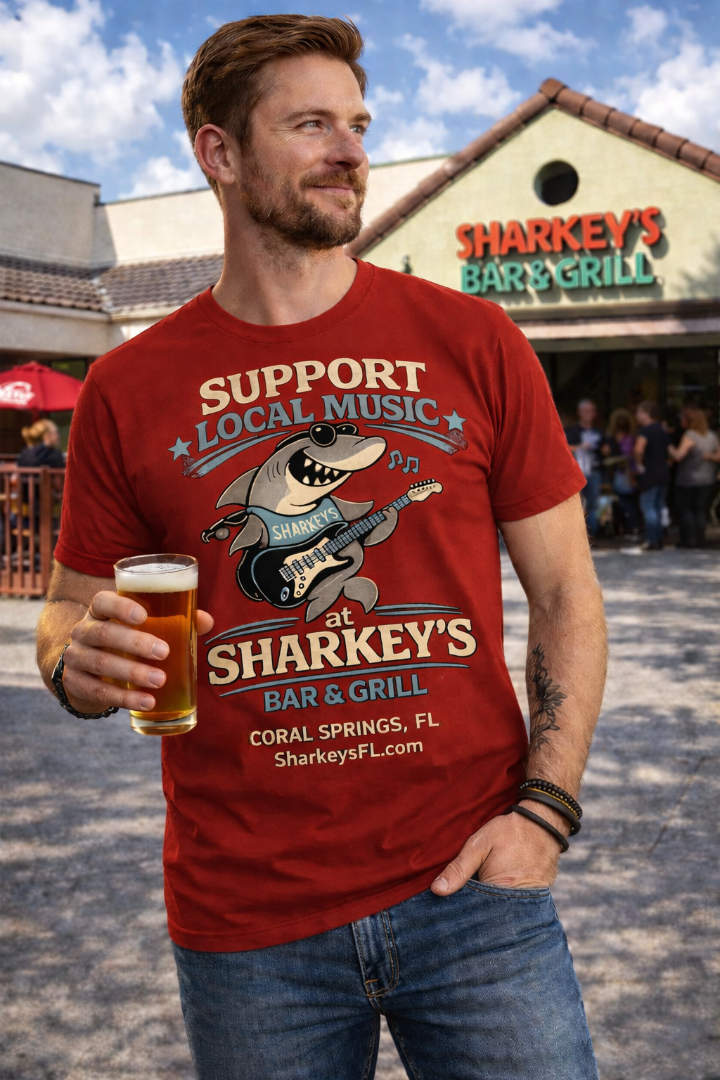 Sharkey's Support Local Music T-Shirt - Bar & Grill Promotional Tee