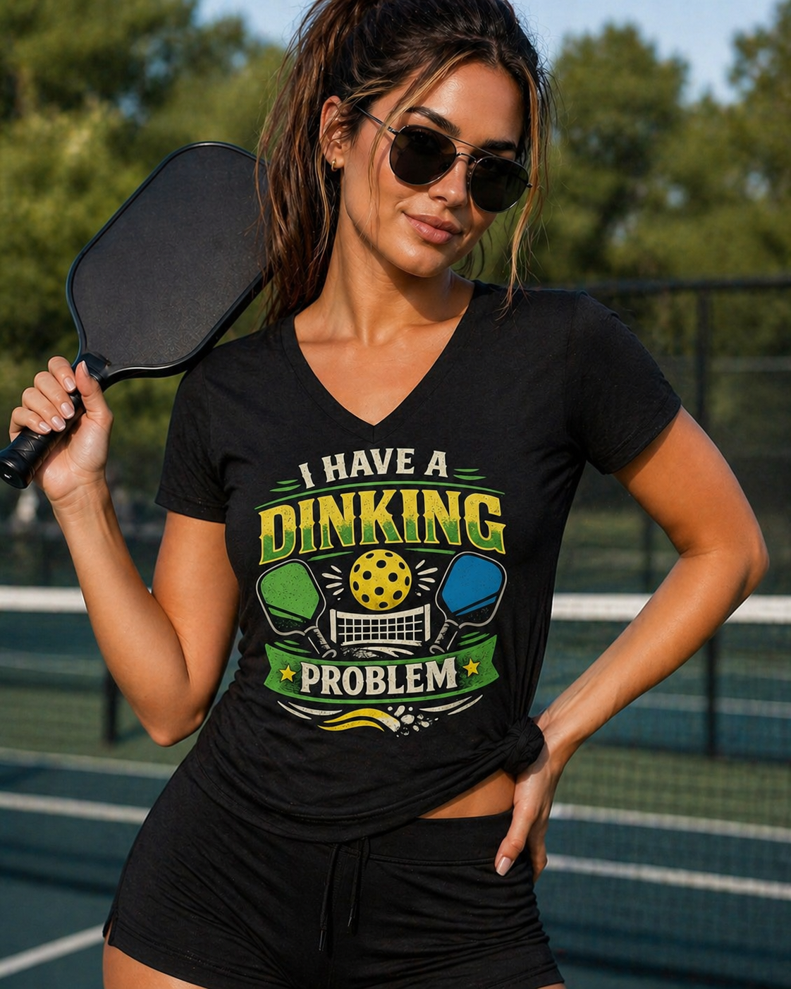 Ladies' V-Neck T-Shirt — I Have a Dinking Problem (Pickleball Humor Tee)