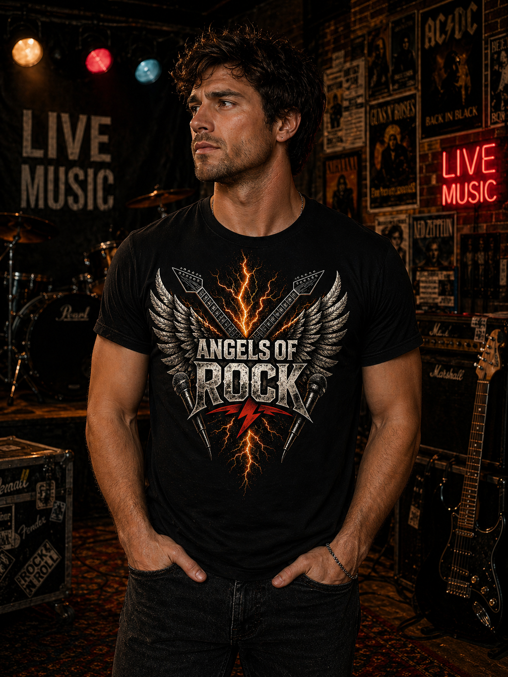 Angels of Rock T-Shirt — Vintage Winged Guitar Design