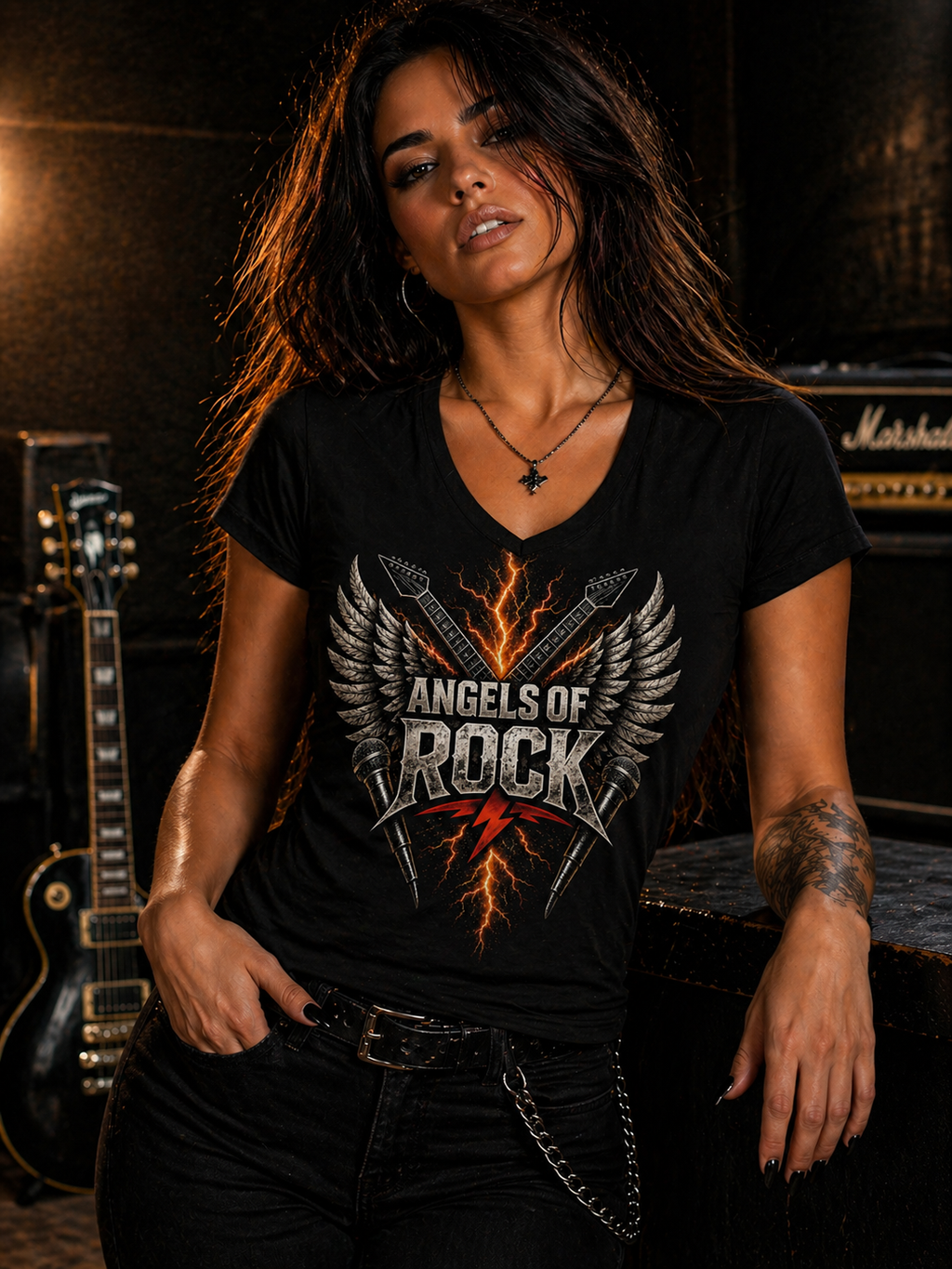 Angels of Rock Ladies' V-Neck Tee — Flaming Winged Guitar Band Shirt