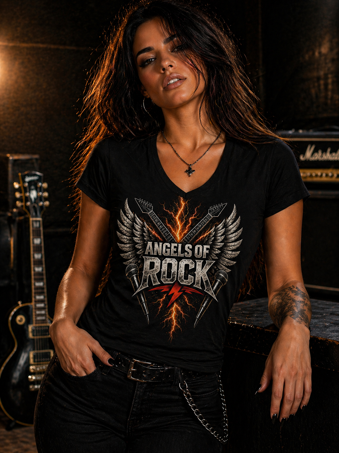 Angels of Rock Ladies' V-Neck Tee — Flaming Winged Guitar Band Shirt