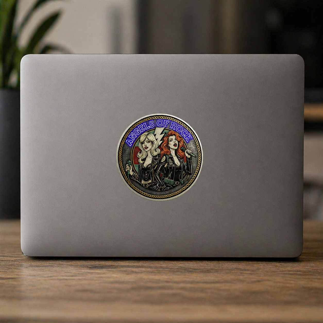 Angels of Rock Round Vinyl Sticker — Retro Female Rock Duo Design