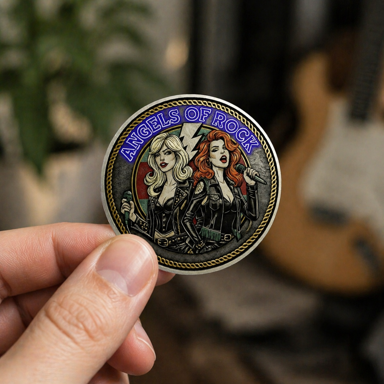 Angels of Rock Round Vinyl Sticker — Retro Female Rock Duo Design