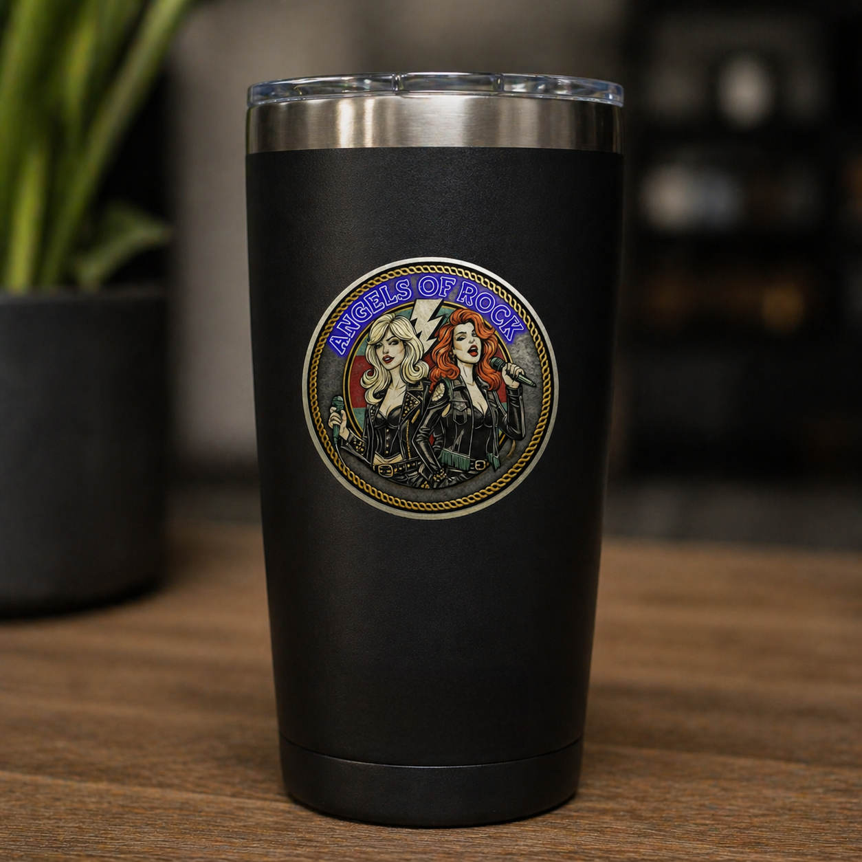 Angels of Rock Round Vinyl Sticker — Retro Female Rock Duo Design