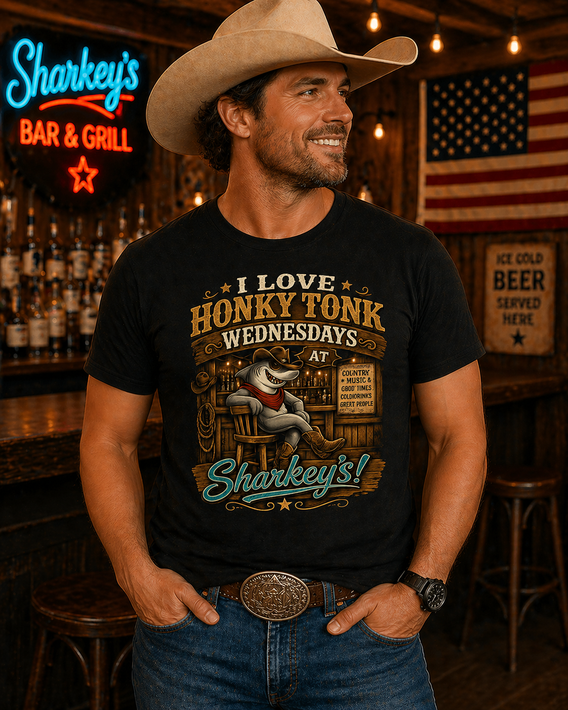 Sharkey's Honky Tonk Wednesdays T-Shirt — I Love Honky Tonk Wednesdays at Sharkey's Vintage Bar Tee