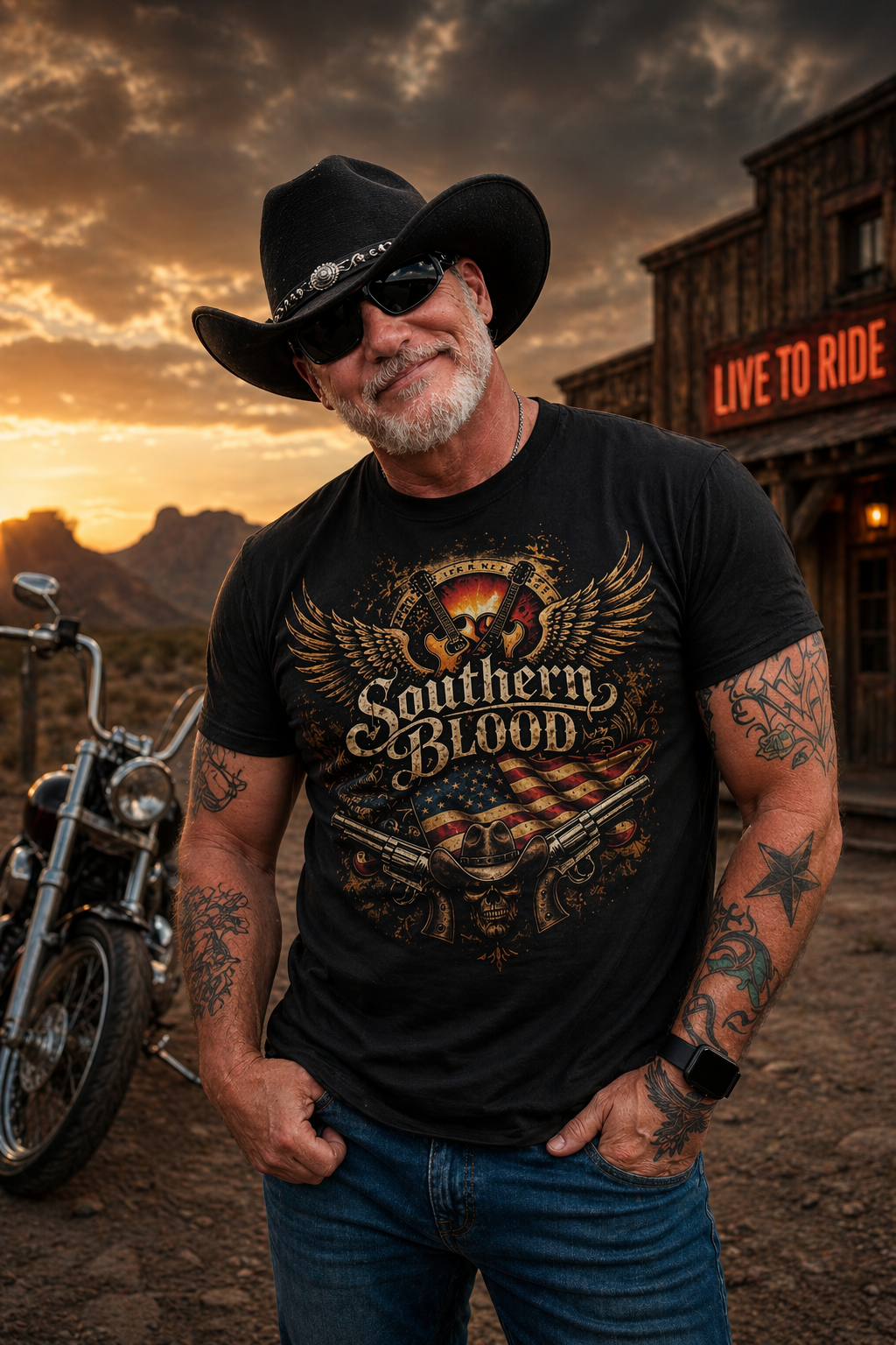 Southern Blood Graphic T-Shirt — Vintage Winged Skull & Pistols