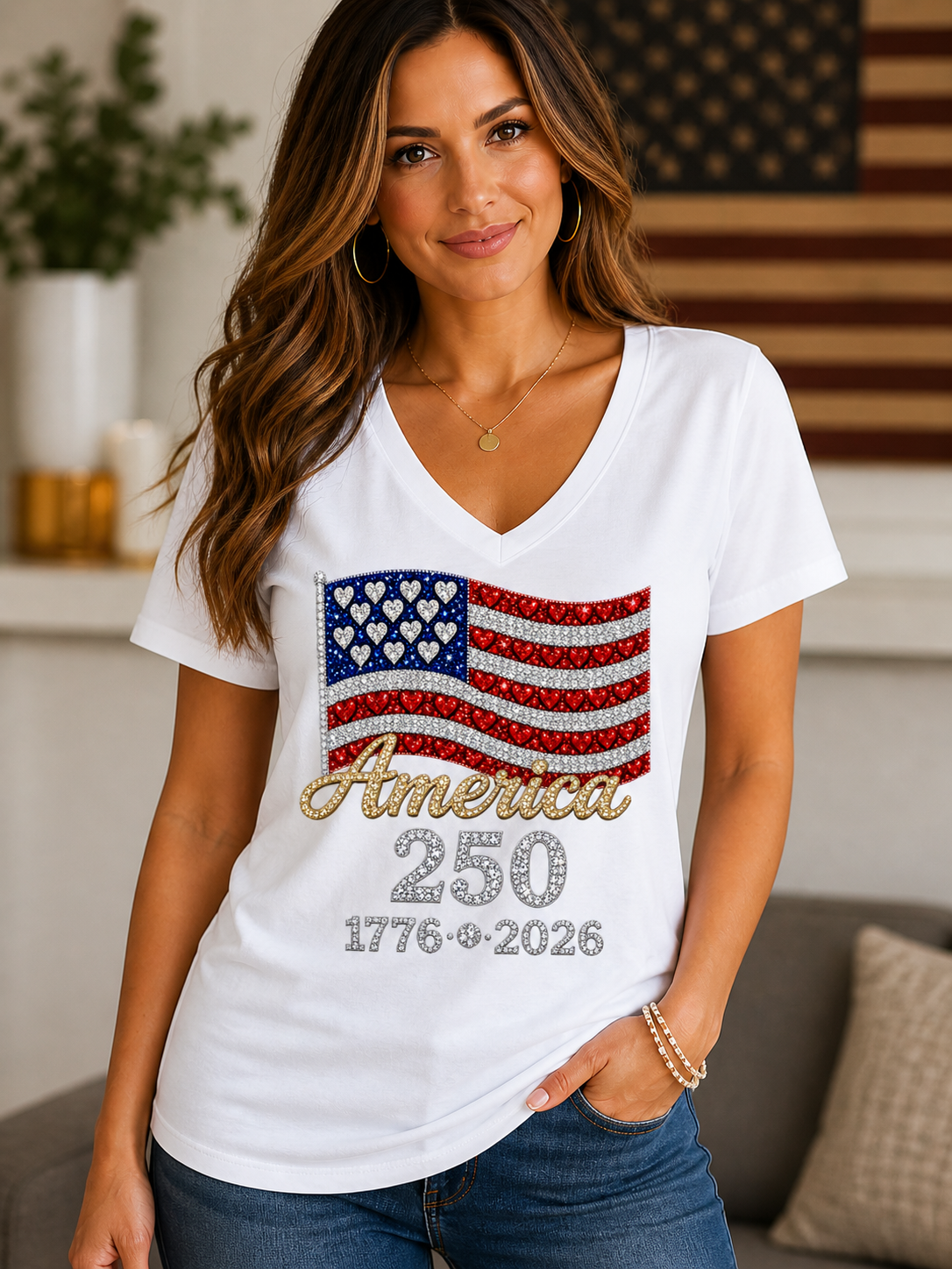 America 250 Rhinestone Flag Women’s V-Neck Tee