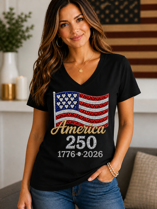 America 250 Rhinestone Flag Women’s V-Neck Tee
