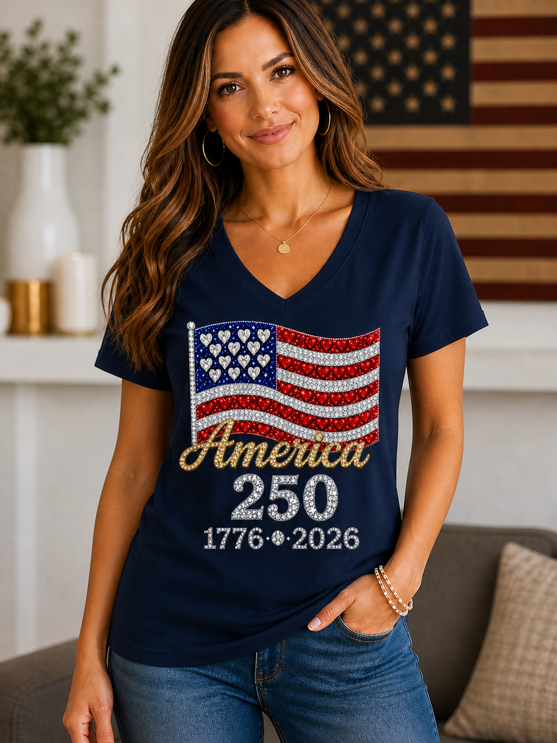 America 250 Rhinestone Flag Women’s V-Neck Tee