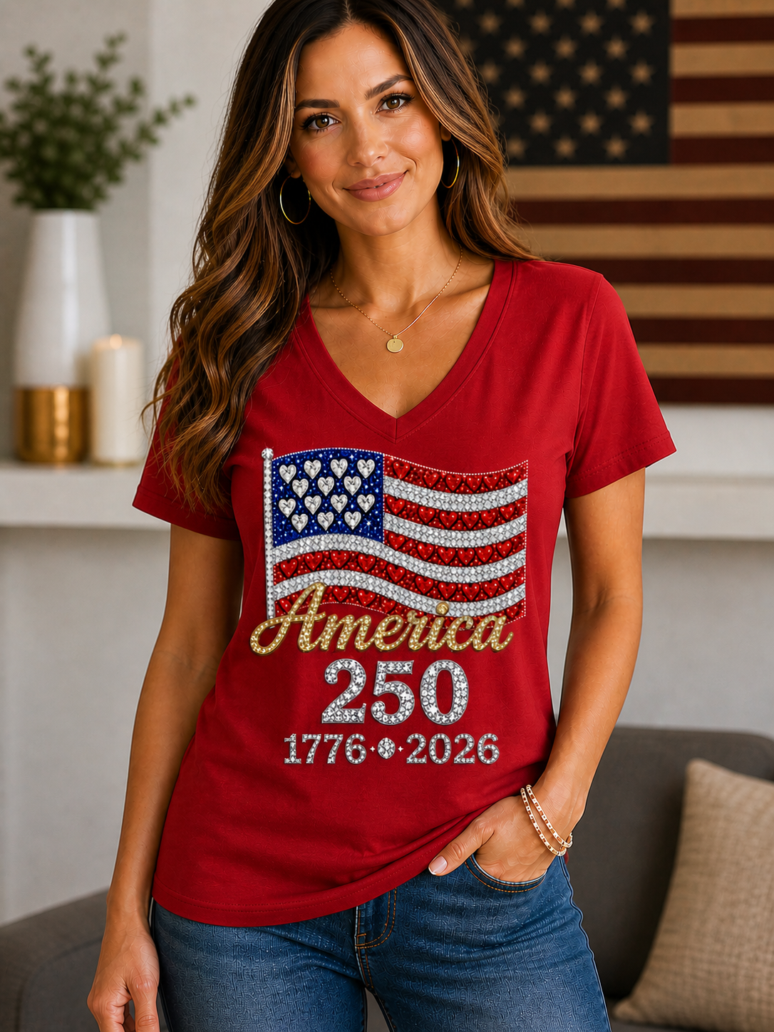America 250 Rhinestone Flag Women’s V-Neck Tee