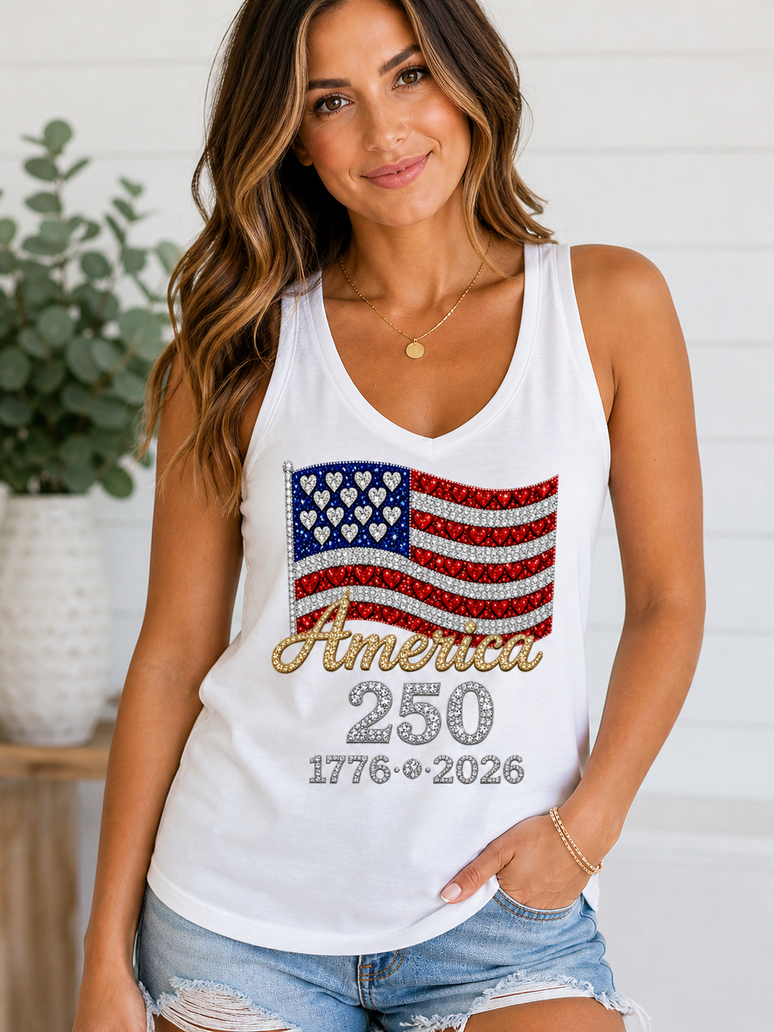 America 250 Rhinestone Flag Women’s Racerback Tank